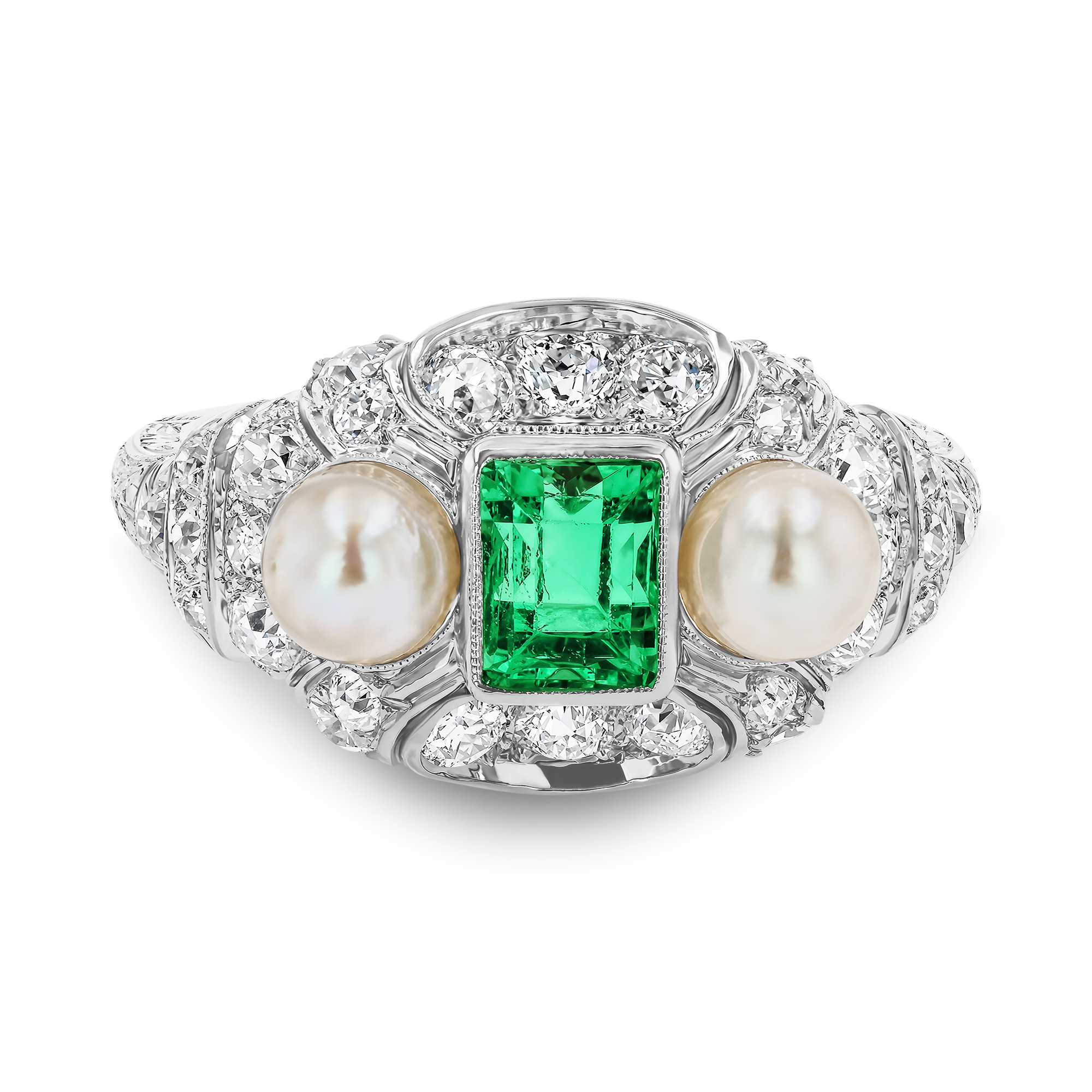 Edwardian 0.46ct Emerald Cut Emerald, Pearl and Diamond Ring Emerald Cut, Millegrain Set_2