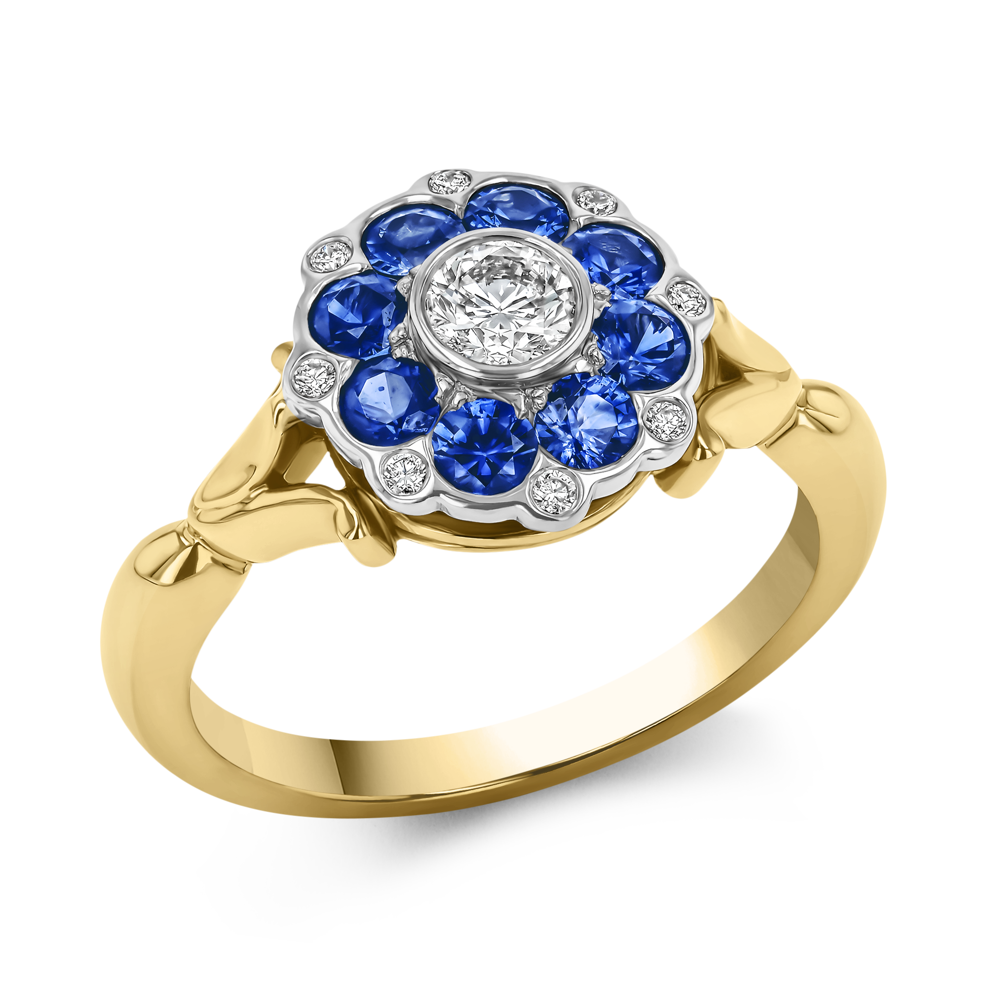 Brilliant Cut Sapphire and Diamond Cluster Ring Brilliant Cut, Rubover Set_1