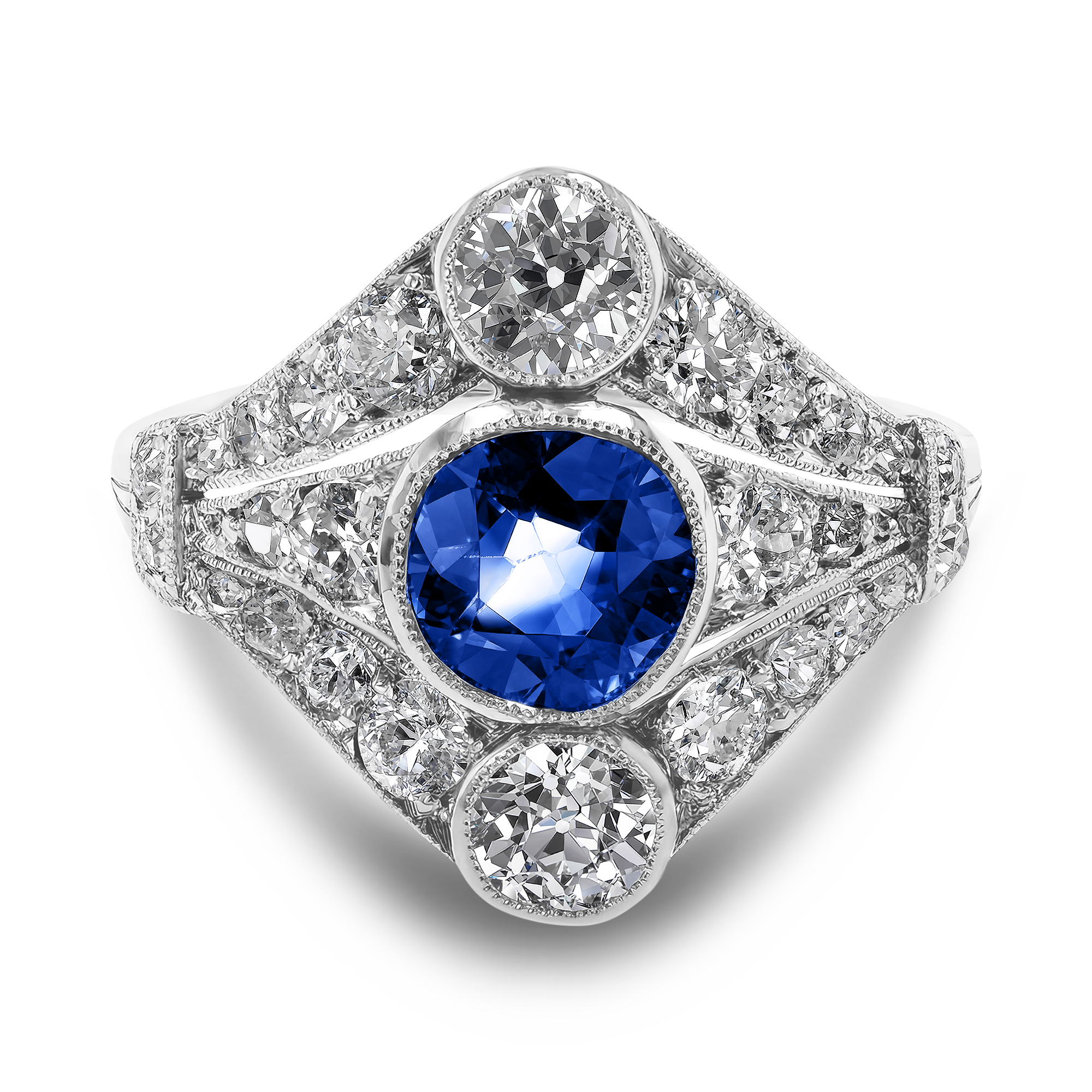 Edwardian Sapphire and Diamond Cluster Ring Old European Cut, Rubover Set_2