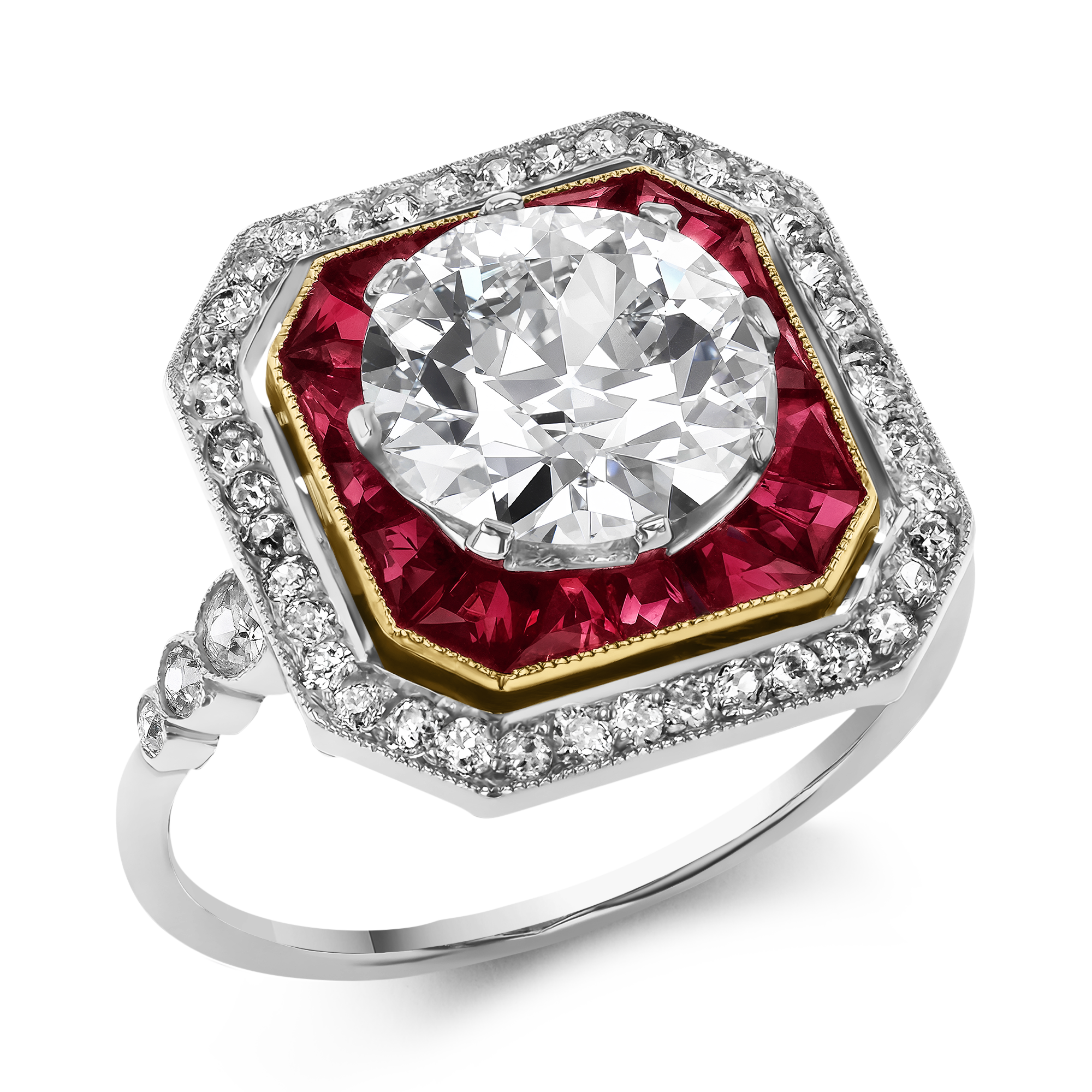 Belle Epoque 2.40ct Diamond and Ruby Octagonal Halo Ring Old European & Calibre Cut, Claw Set_1