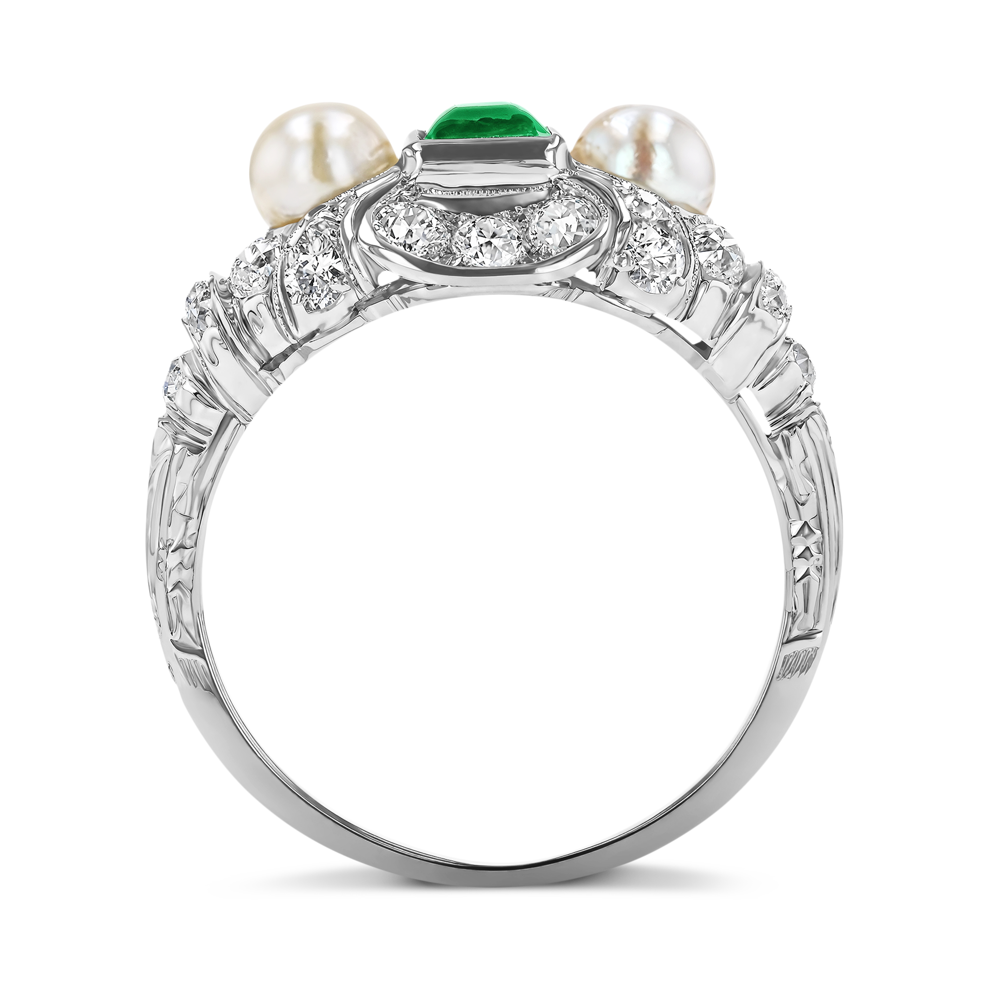 Edwardian 0.46ct Emerald Cut Emerald, Pearl and Diamond Ring Emerald Cut, Millegrain Set_3