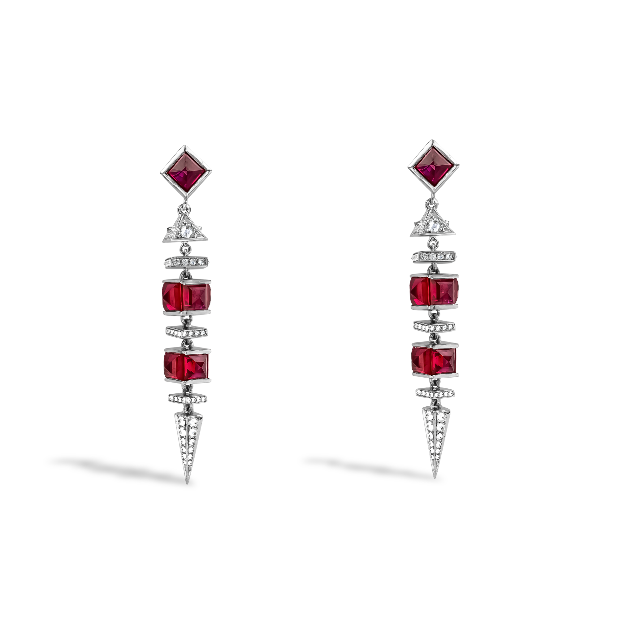 Carré Cut 7.85ct Ruby and Diamond Drop Earrings Carré & Brilliant Cut, Rubover Set_1