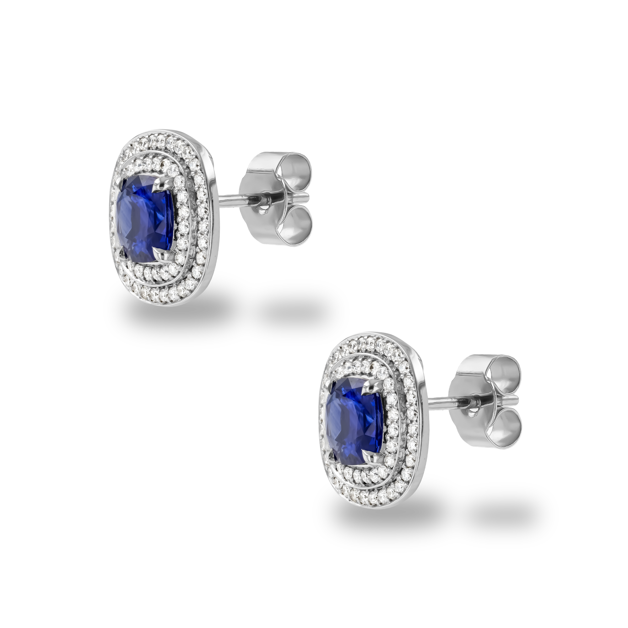 Cushion Cut 2.38cts Sapphire and Diamond Double Halo Earrings Cushion & Brilliant Cut, Claw Set_2