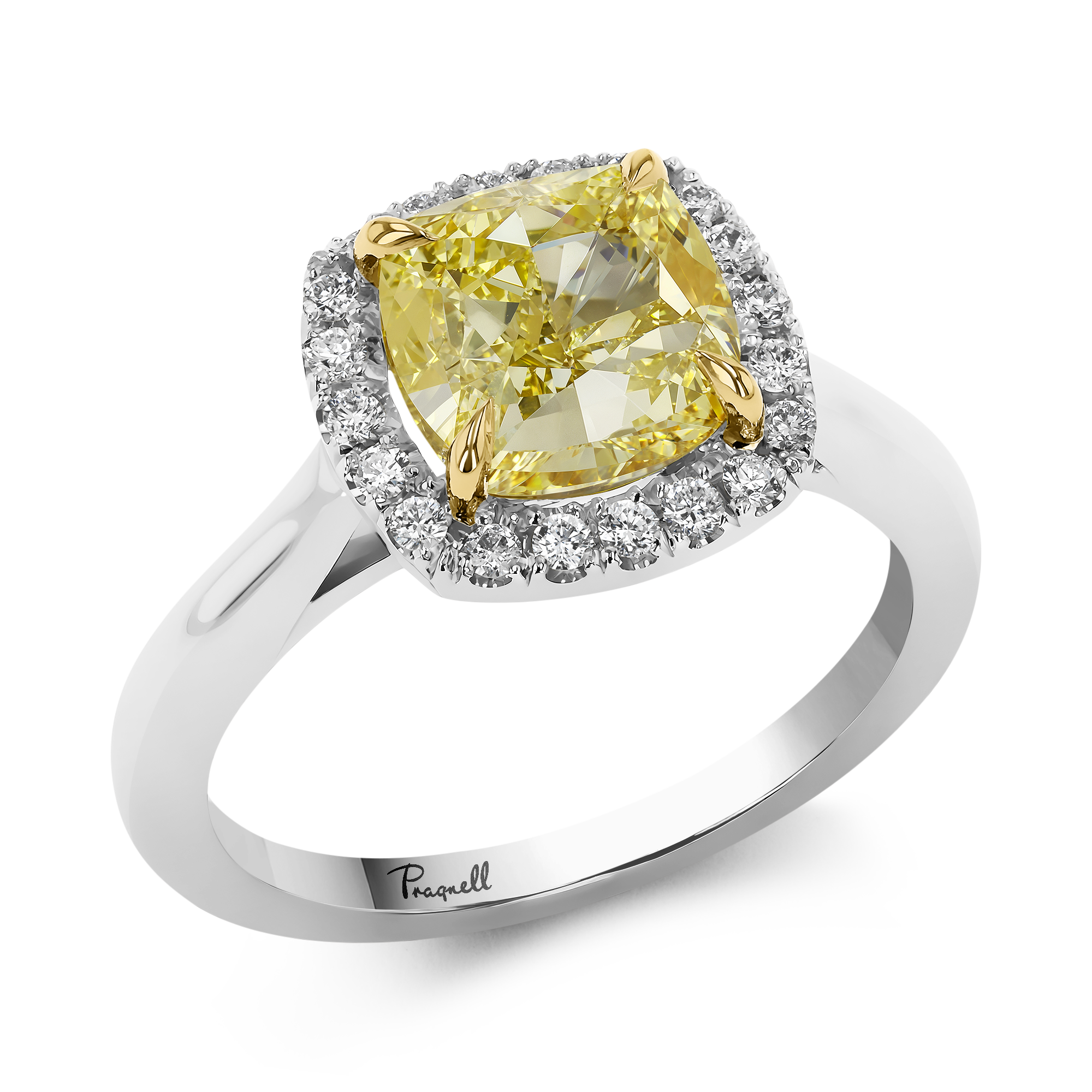 Cushion Cut 3.02ct Kimberley Fancy Intense Yellow Diamond Cluster Ring Cushion Modern & Brilliant Cut, Claw Set_1