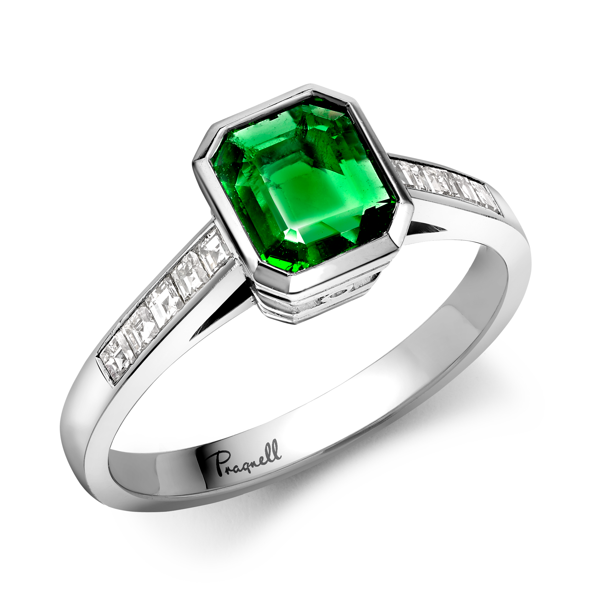 Trap Cut 0.77ct Emerald and Diamond Ring Trap Cut, Rubover Set_1