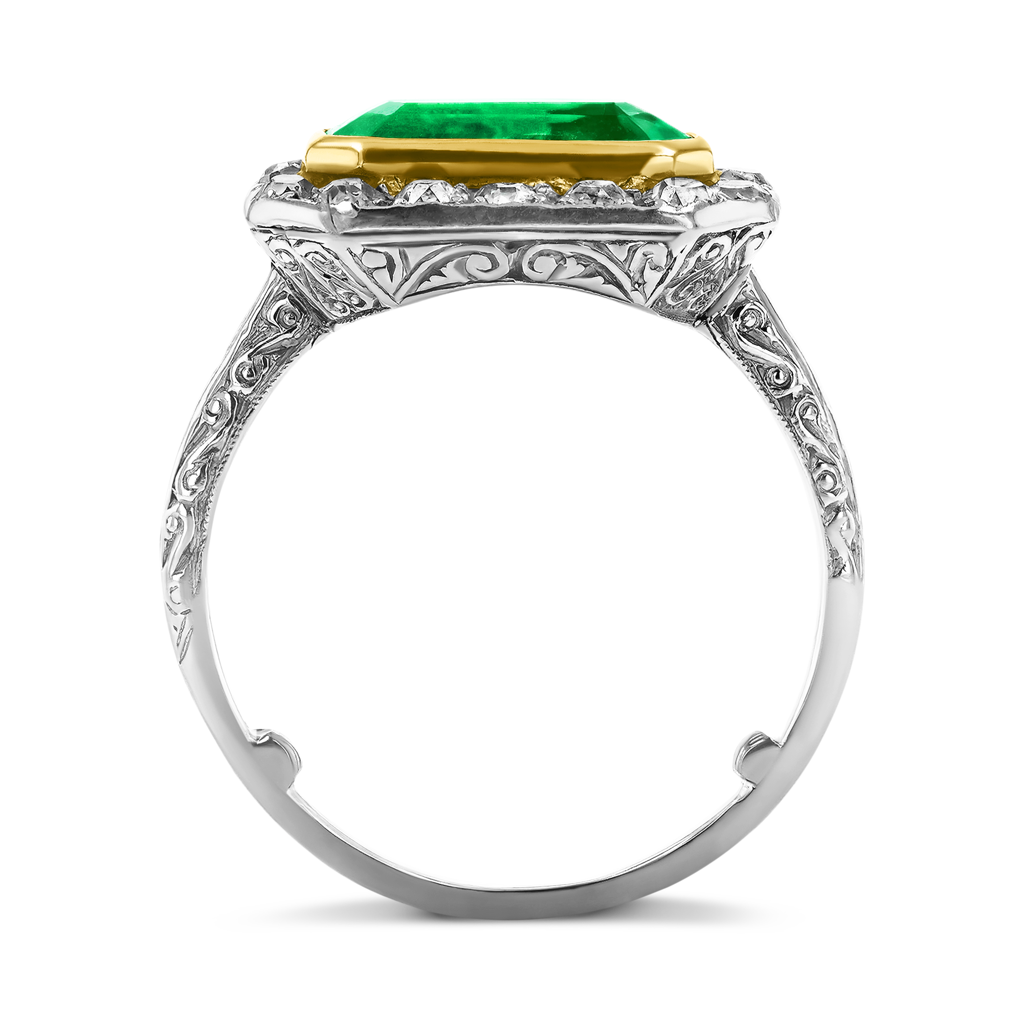 Edwardian 1.90ct Muzo Emerald and Diamond Cluster Ring Octagon Cut, Rubover Set_3