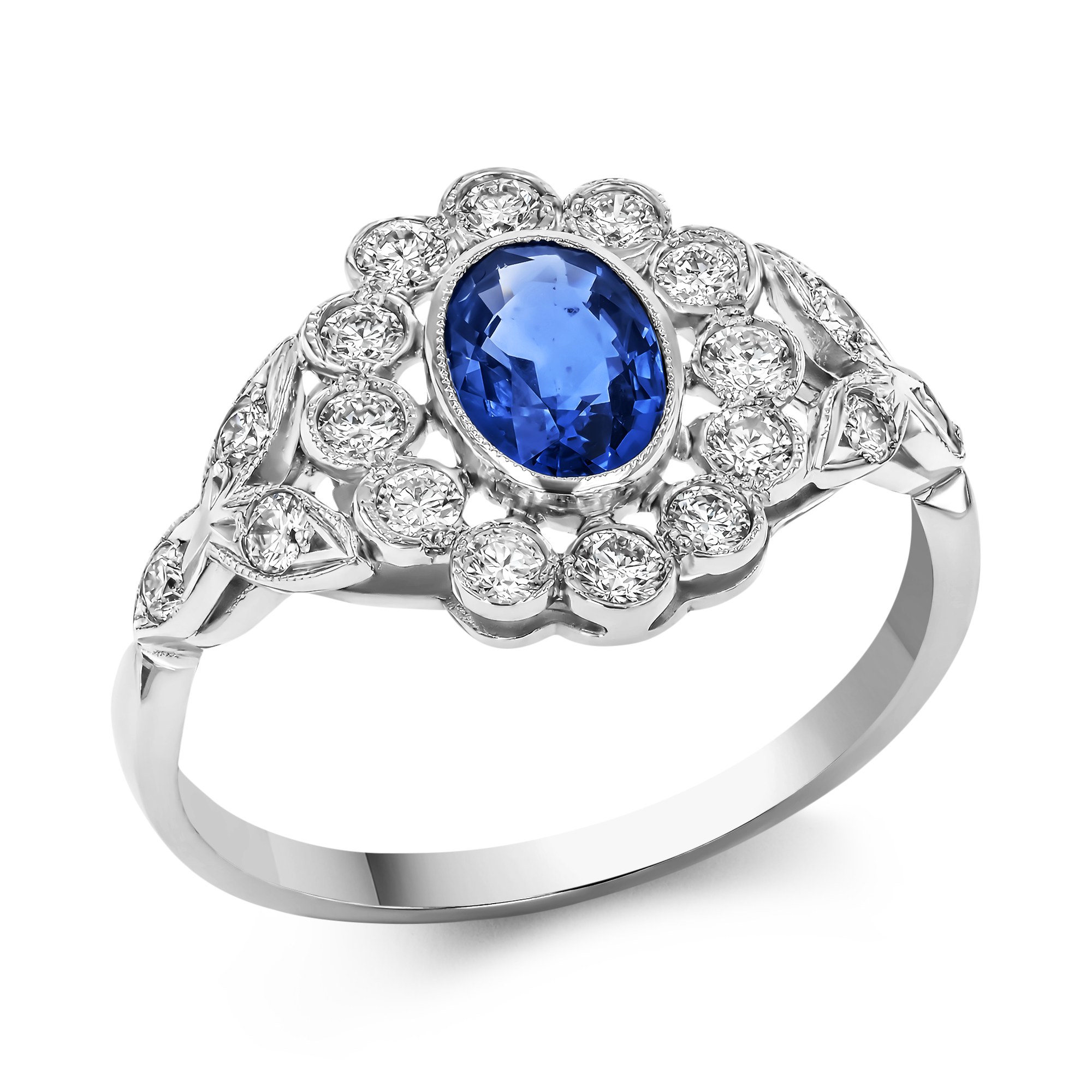 Oval Cut 1.00ct Sapphire and Diamond Cluster Ring Oval Cut, Millegrain Set_1