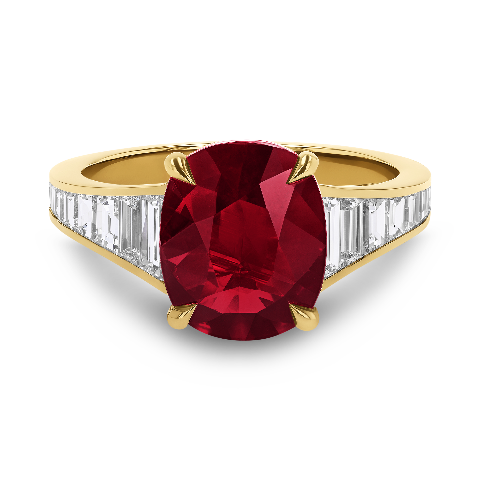 Cushion Cut 3.53ct  Mozambique Ruby and Diamond Ring Cushion & Tapered Baguette Cut, Claw Set_2