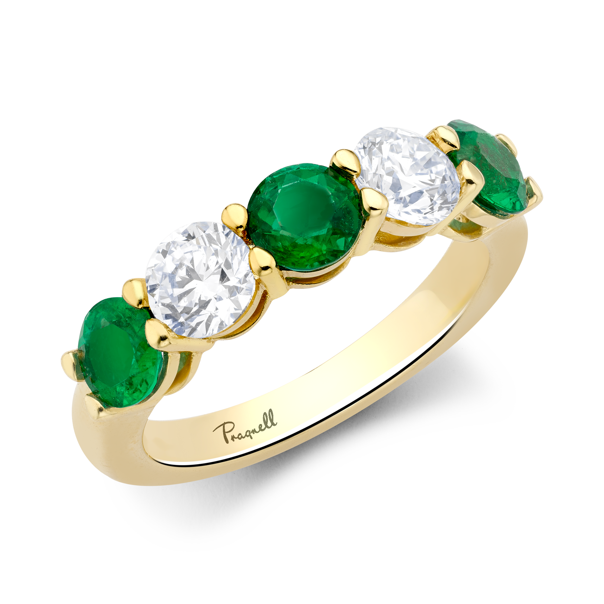 Five Stone Emerald and Diamond Ring Round & Brilliant Cut, Claw Set_1