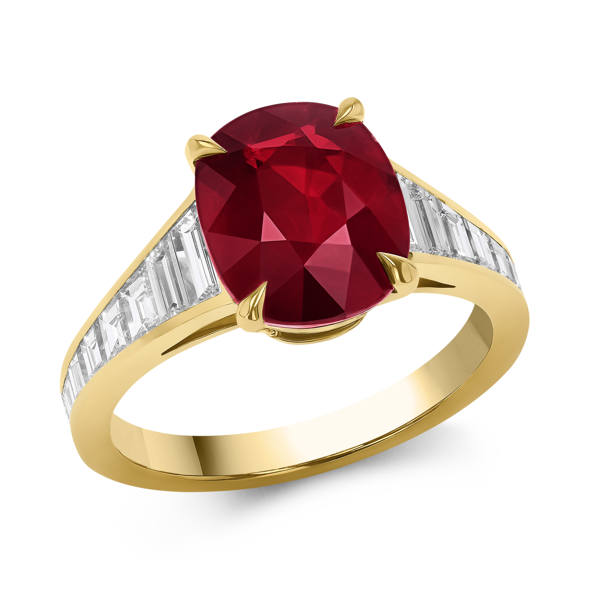 Cushion Cut 3.53ct  Mozambique Ruby and Diamond Ring Cushion & Tapered Baguette Cut, Claw Set_1