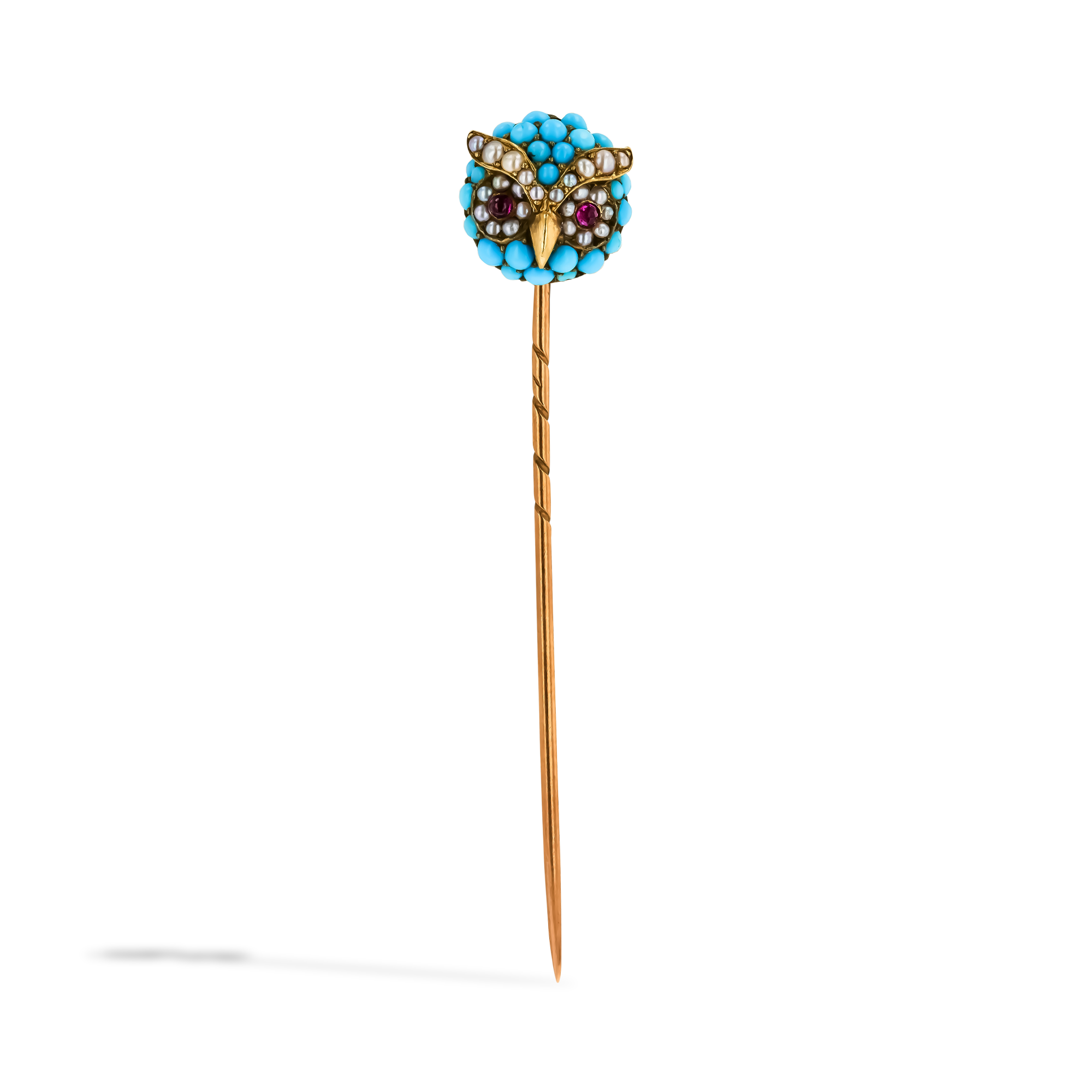 Belle Epoque Turquoise, Pearl and Ruby Owl's Head Stick Pin Cabochon Cut, Claw Set_1