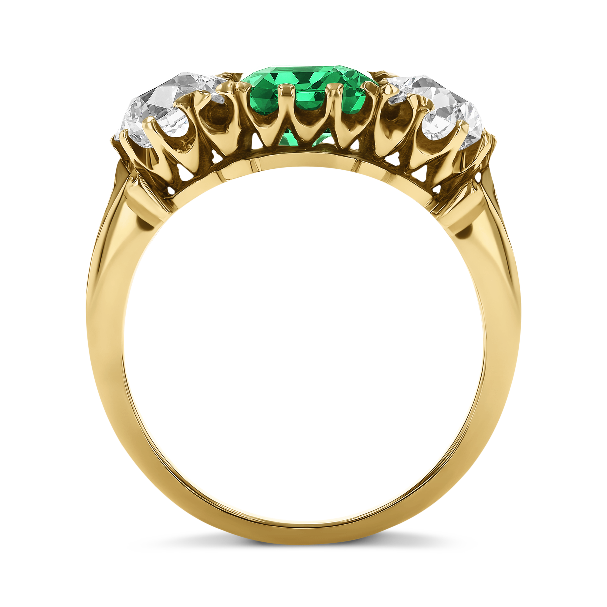 Victorian 2.00ct Emerald and Diamond Three Stone Ring Octagonal & Old European Cut, Claw Set_3