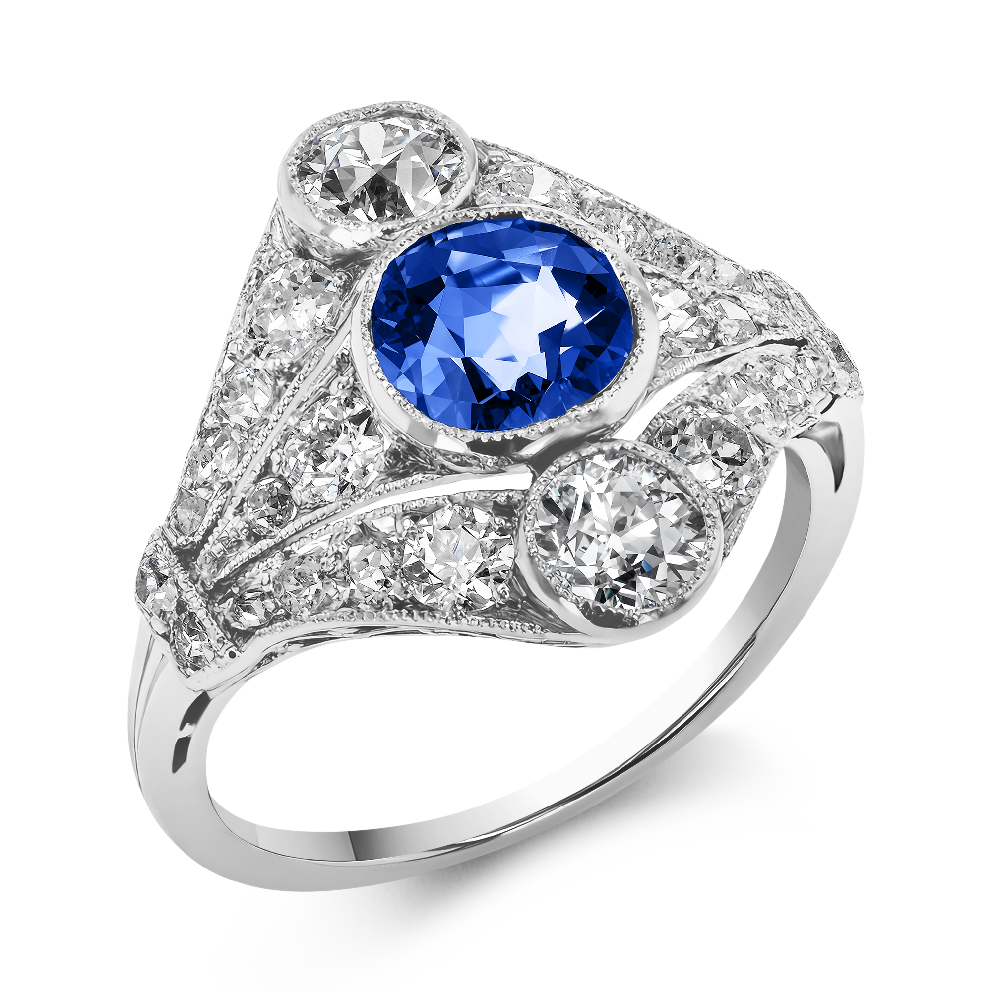 Edwardian Sapphire and Diamond Cluster Ring Old European Cut, Rubover Set_1