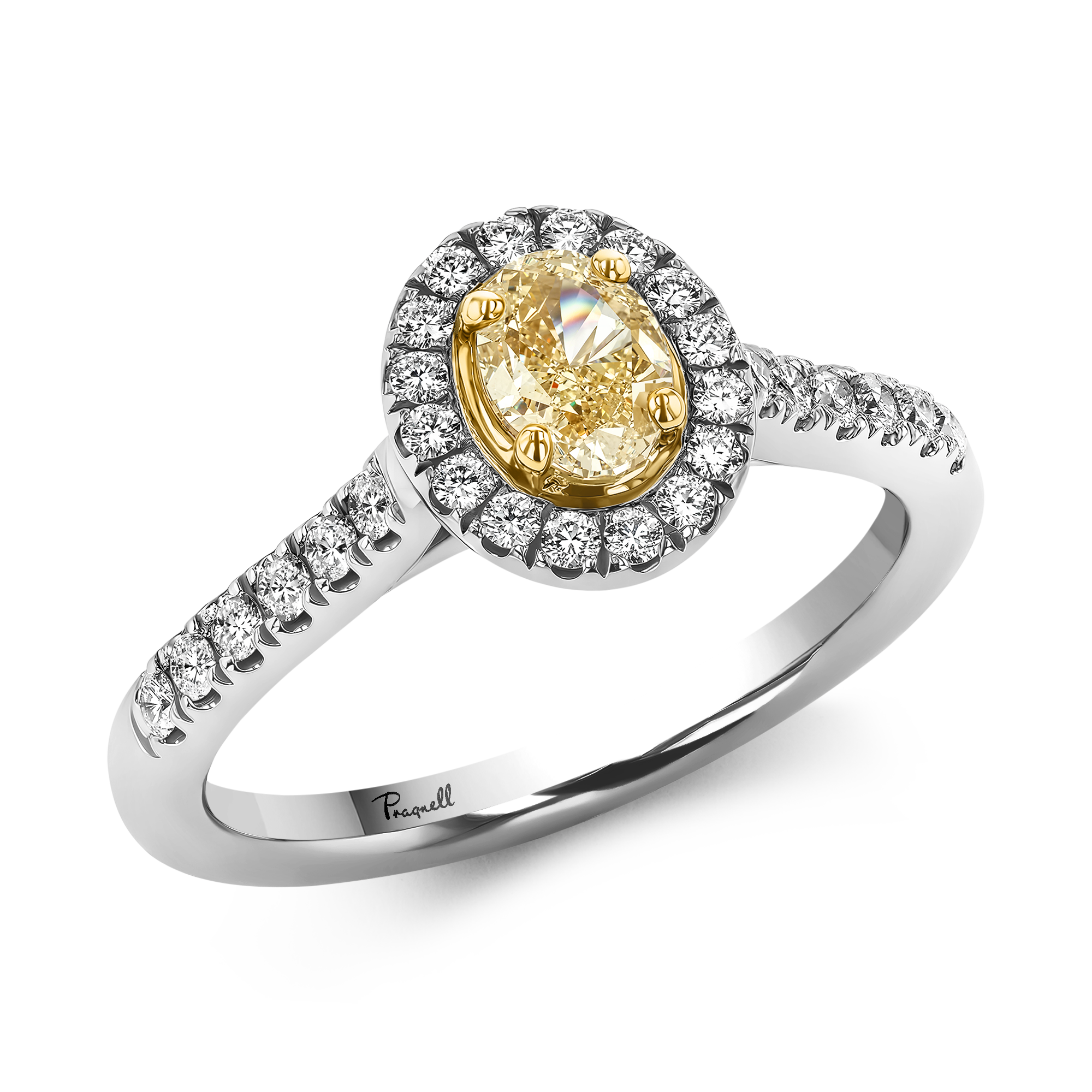 Fancy Yellow Diamond Cluster Ring with Diamond Surround and Shoulders Oval Cut, Four Claw Set_1