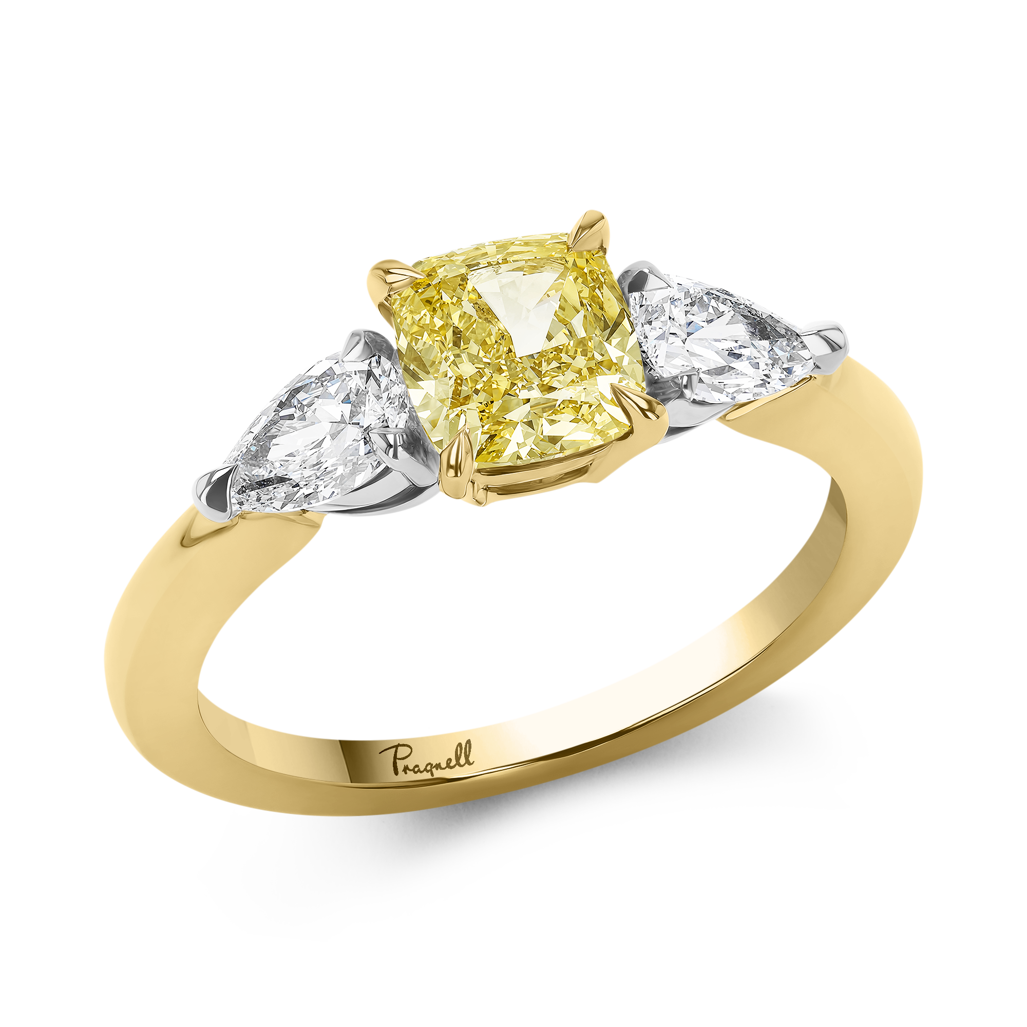 Cushion Cut 1.24ct Kimberley Fancy Intense Yellow Diamond Three Stone Ring Cushion modern cut, Claw set_1