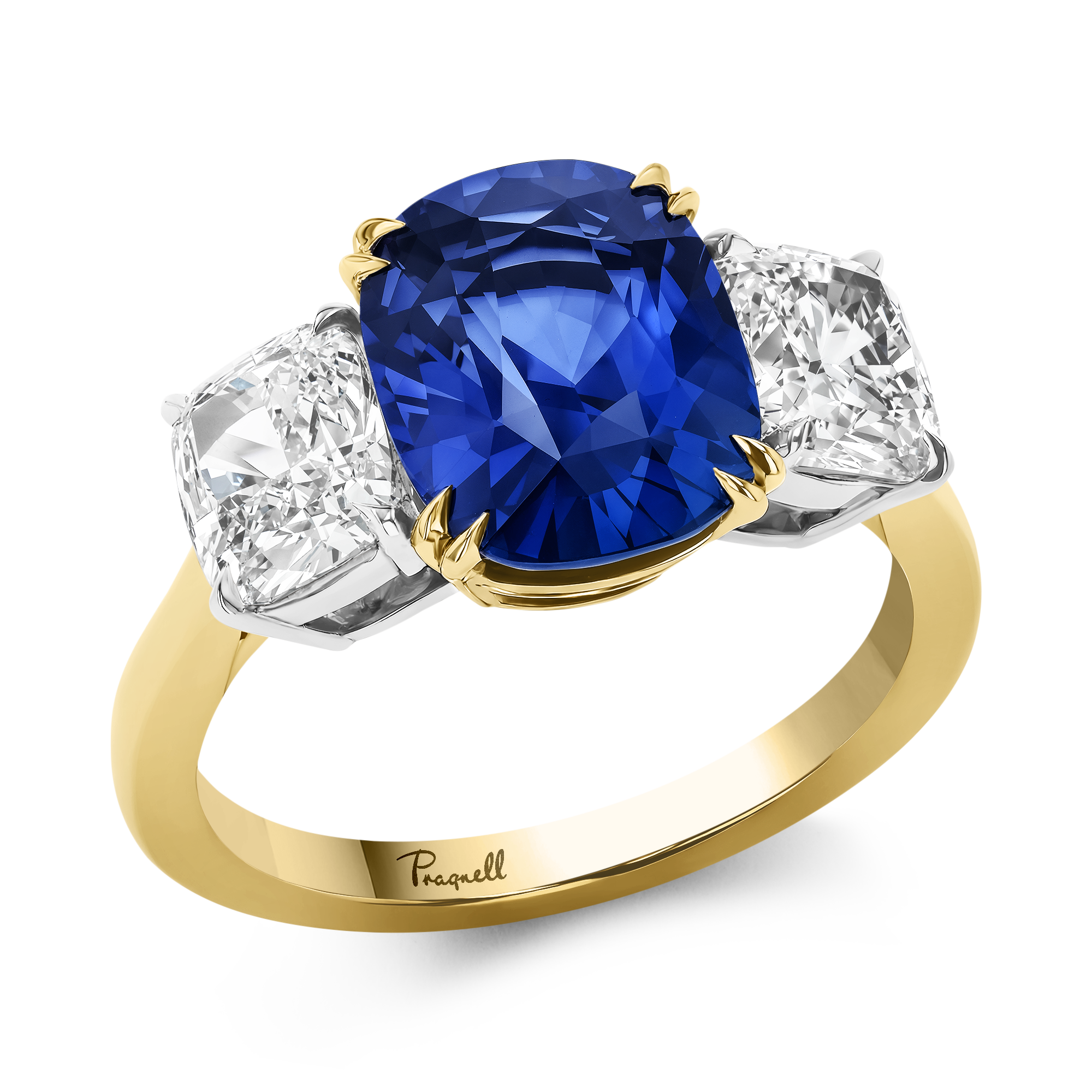 Cushion Cut 4.06ct Sri Lankan Sapphire Three Stone Ring Cushion modern cut, Claw set_1