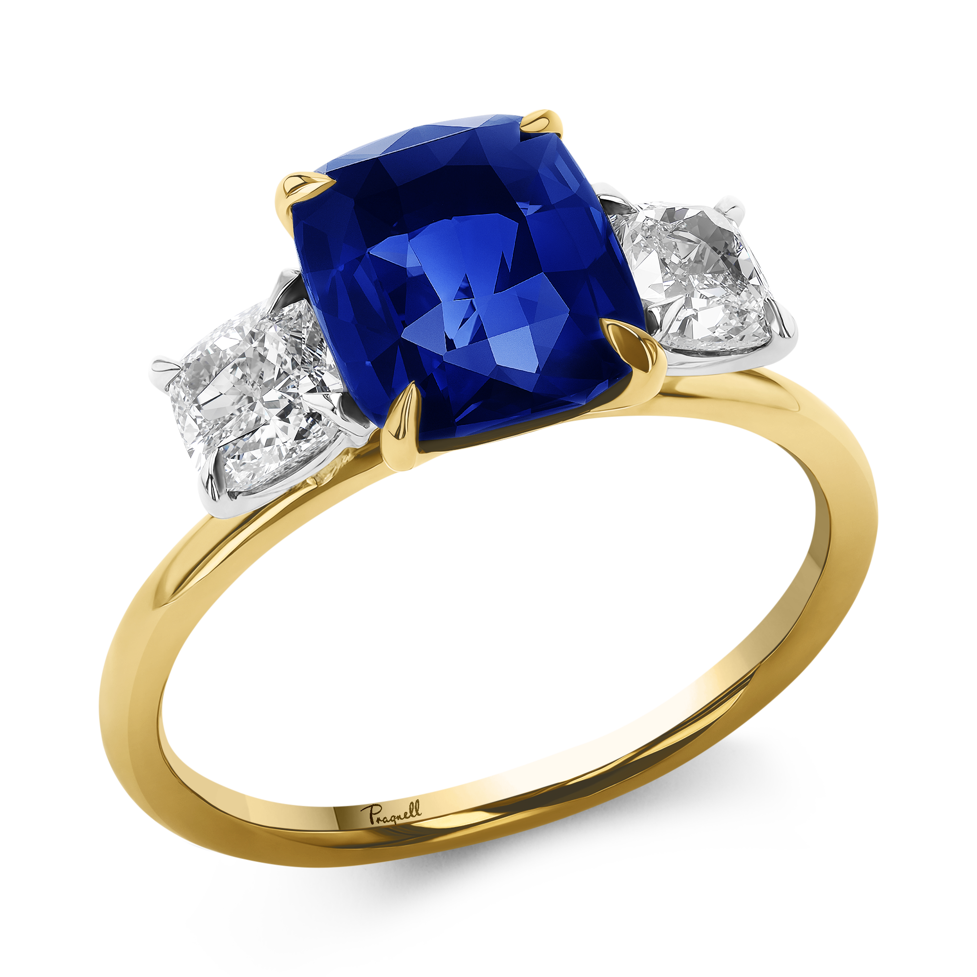 Madagascan 3.06ct Sapphire and Diamond Three Stone Ring Cushion Modern Cut, Rubover Set_1