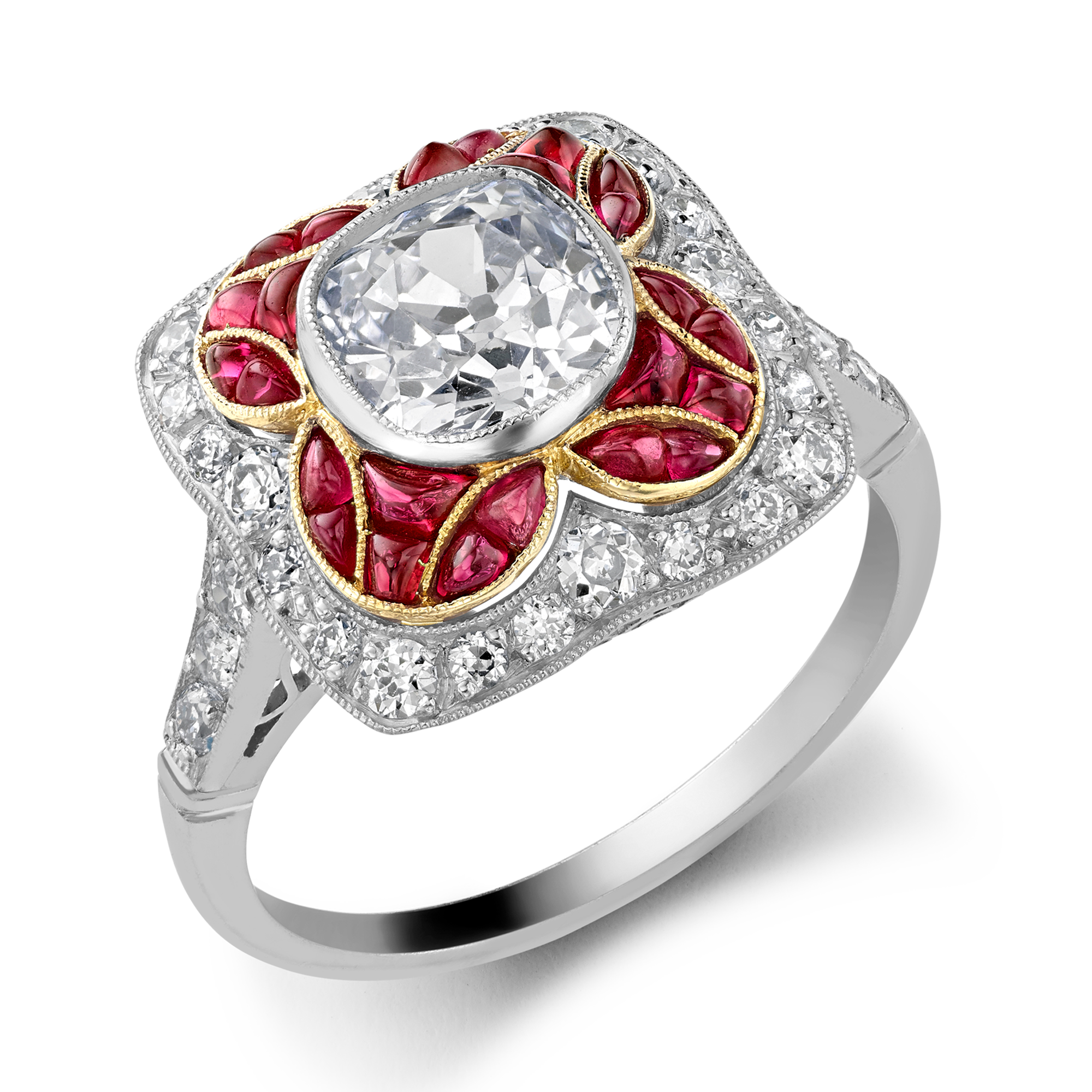 Cushion Cut 1.25ct Ruby and Diamond Cluster Ring Cushion Cut, Millegrain Set_1