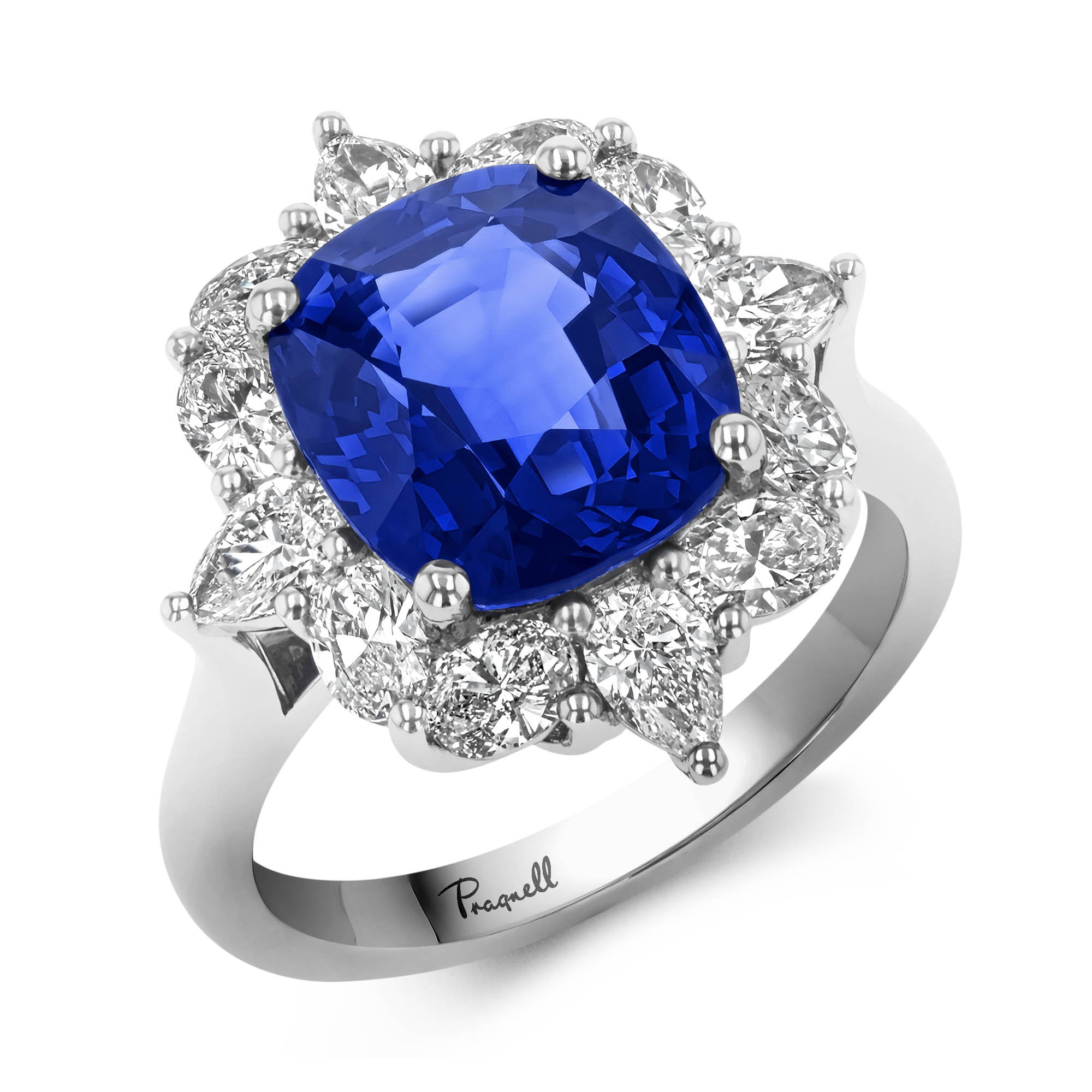 Sri Lankan Sapphire Cluster Ring with Pear and Oval Diamond Surround Cushion Modern Cut, Four Claw Set_1