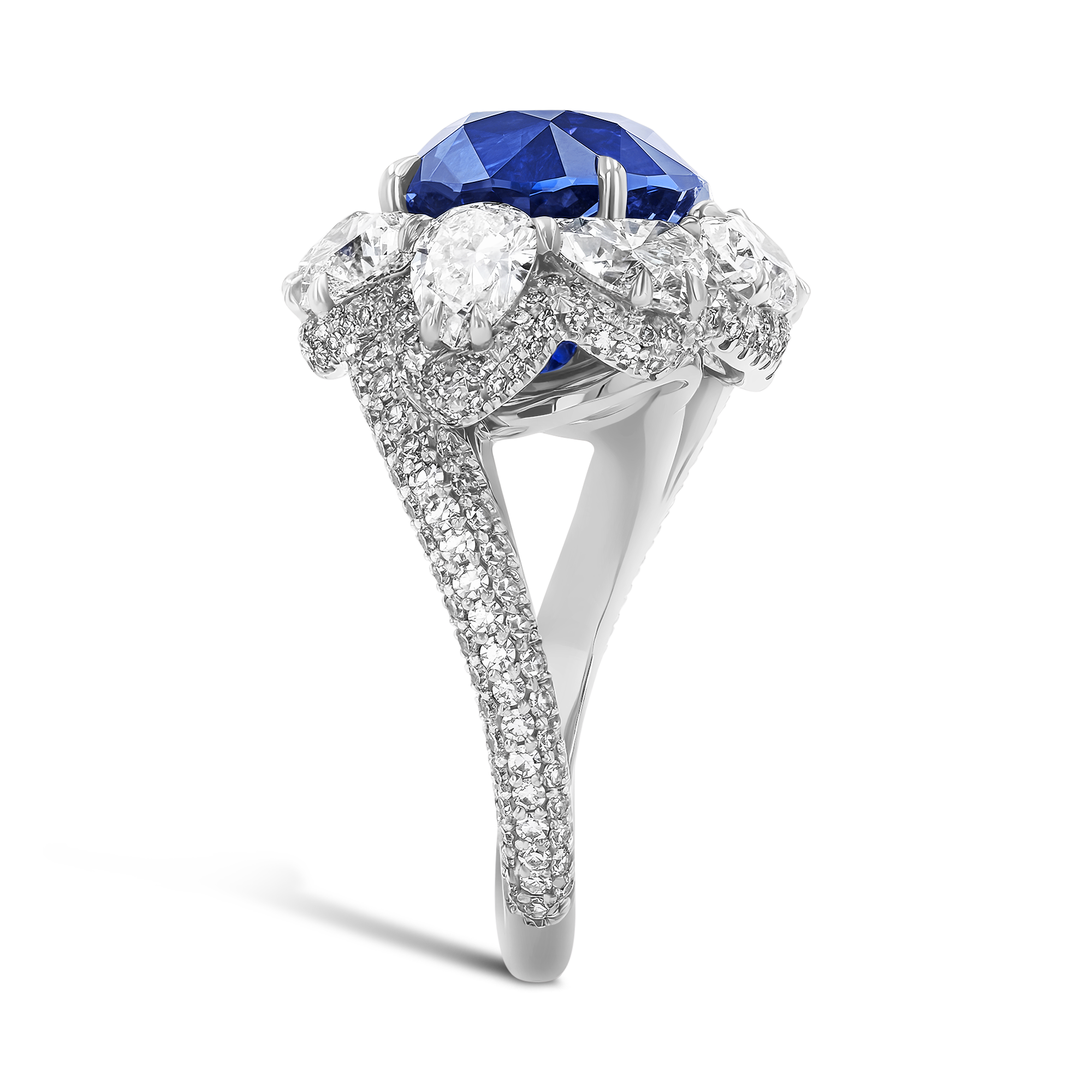 Masterpiece 9.17ct Sri Lankan Royal Blue Sapphire and Diamond Ring Oval, Pear & Heart Cut, Claw Set_4