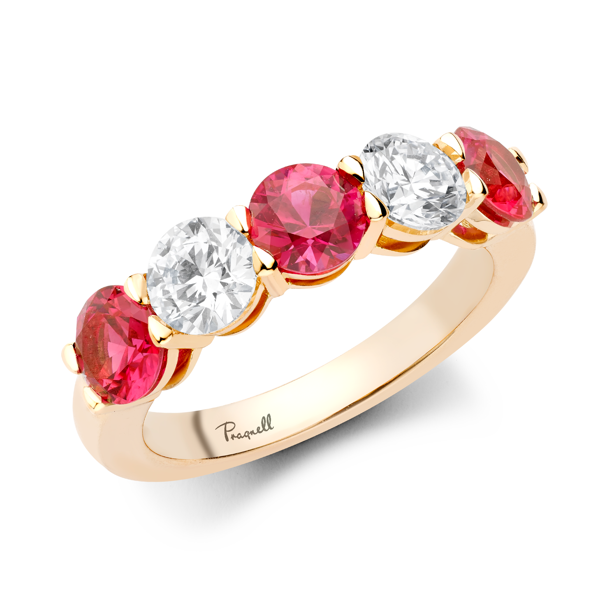 Five Stone Ruby and Diamond Ring Round Brilliant Cut, Claw Set_1