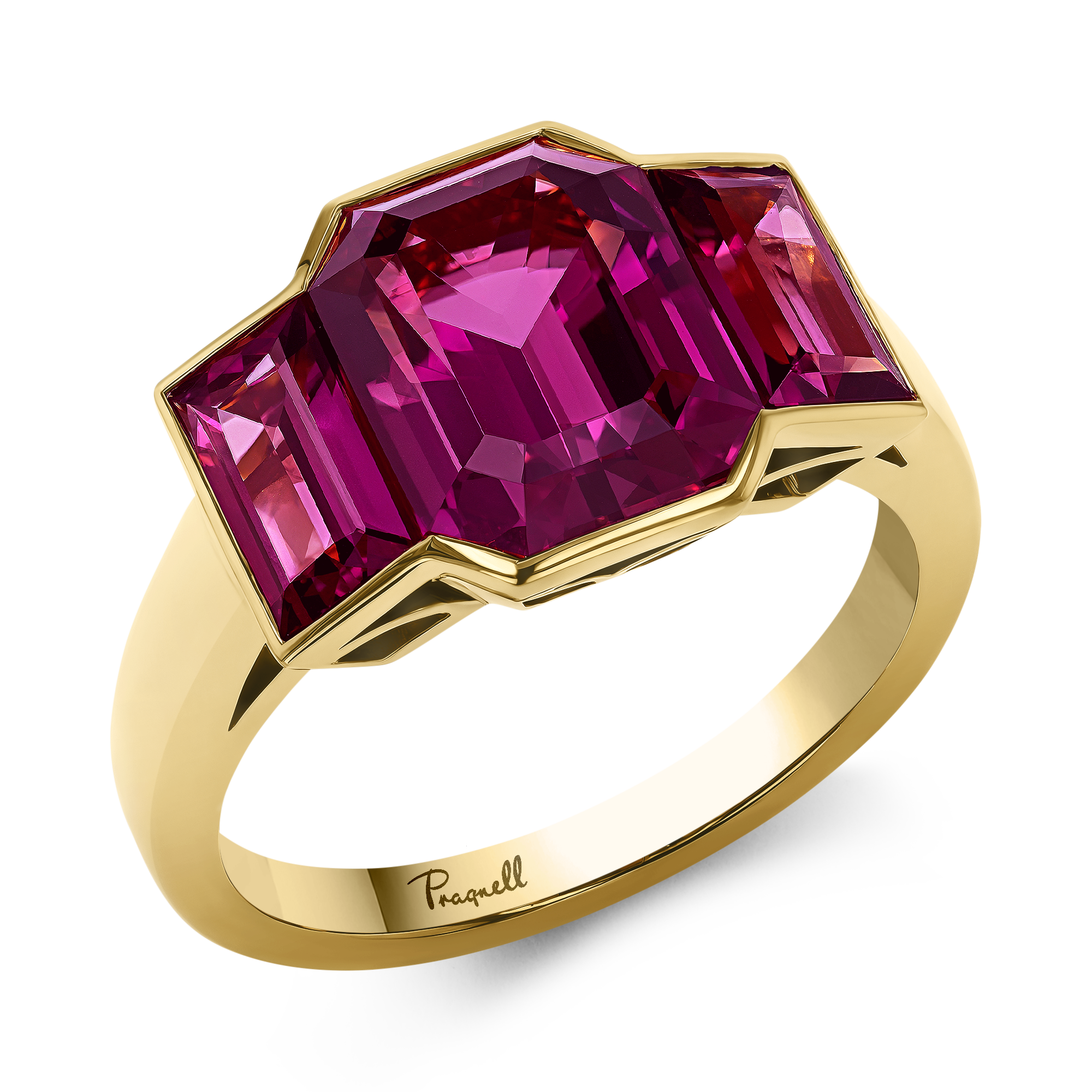 Kingdom 6.22ct Rhodolite Garnet Three Stone Ring Emerald Cut, Rubover Set_1