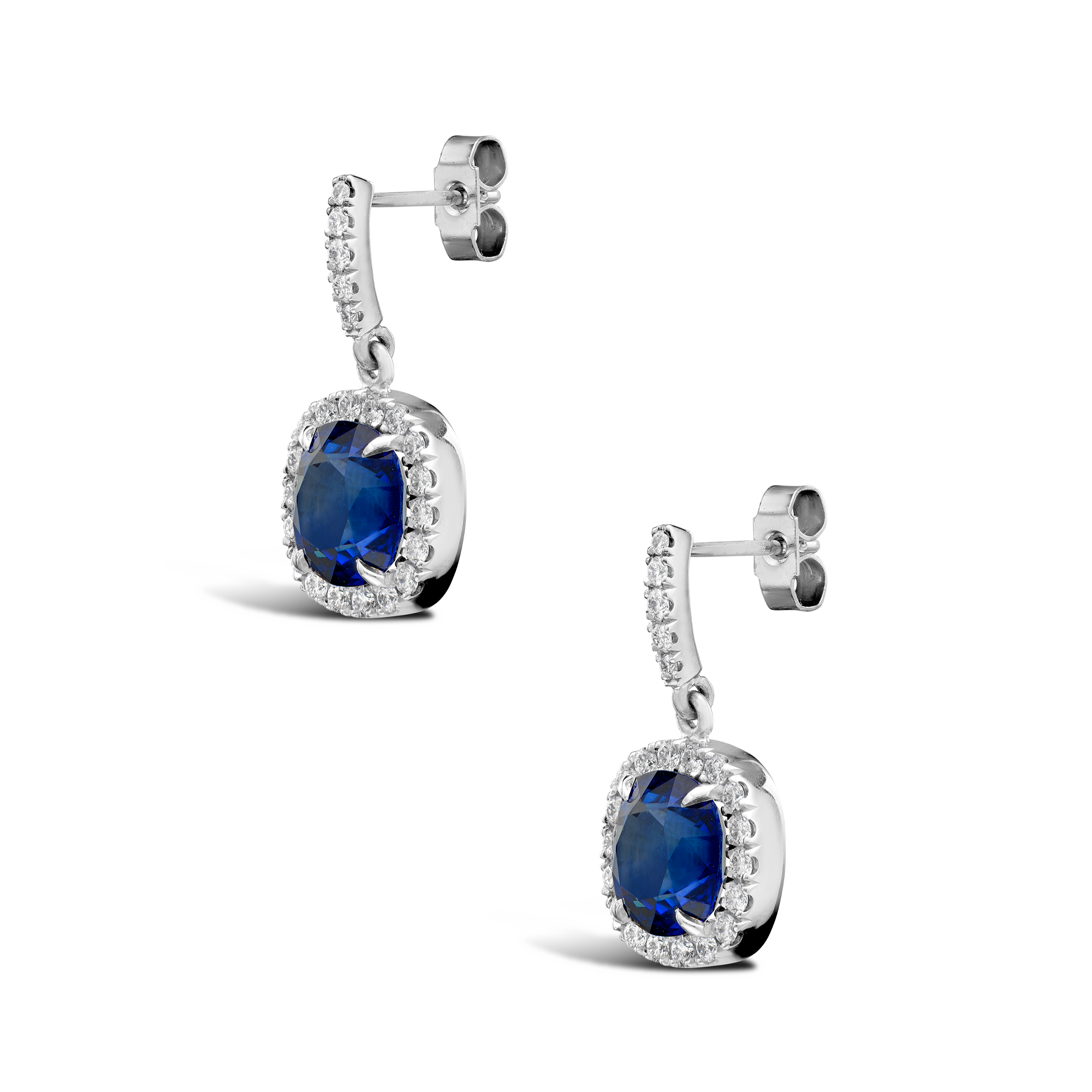 Madagascan Cushion Sapphire Drop Earrings Cushion & Brilliant Cut, Claw Set_2