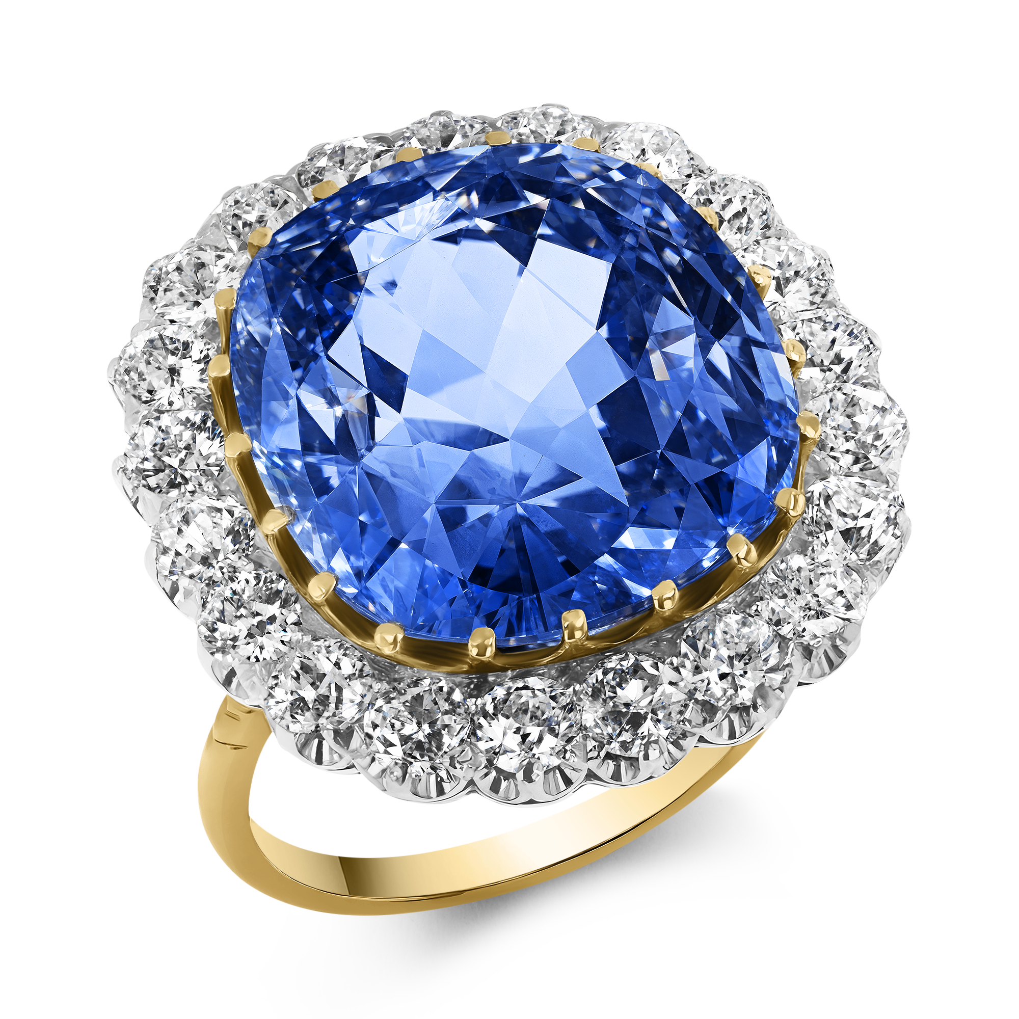 Sri Lankan 37.09ct Sapphire and Diamond Cluster Ring Cushion Antique Cut, Claw Set_1