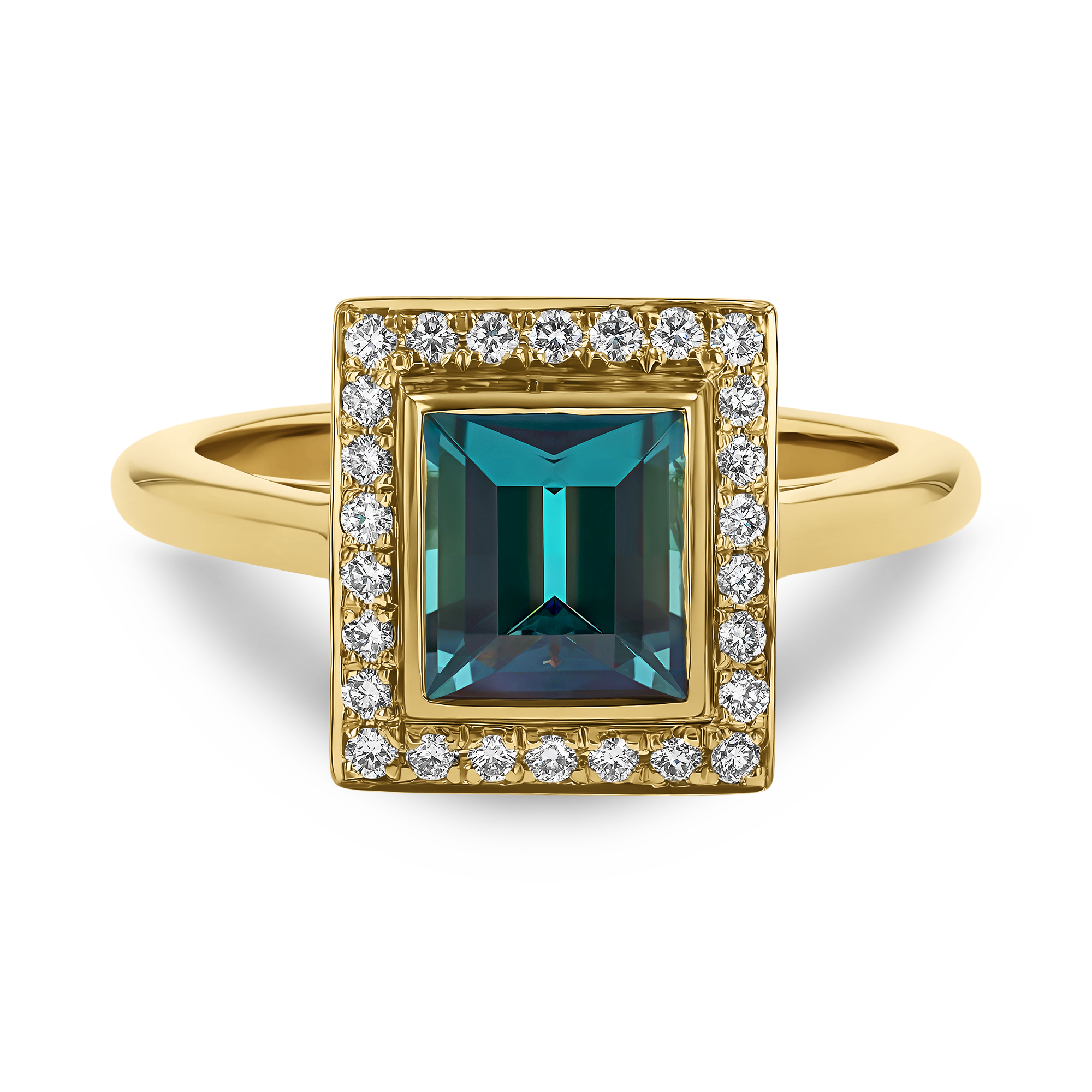 Square Cut 1.43ct Namibian Indicolite Tourmaline and Diamond Ring Square & Brilliant Cut, Rubover & Grain Set_2