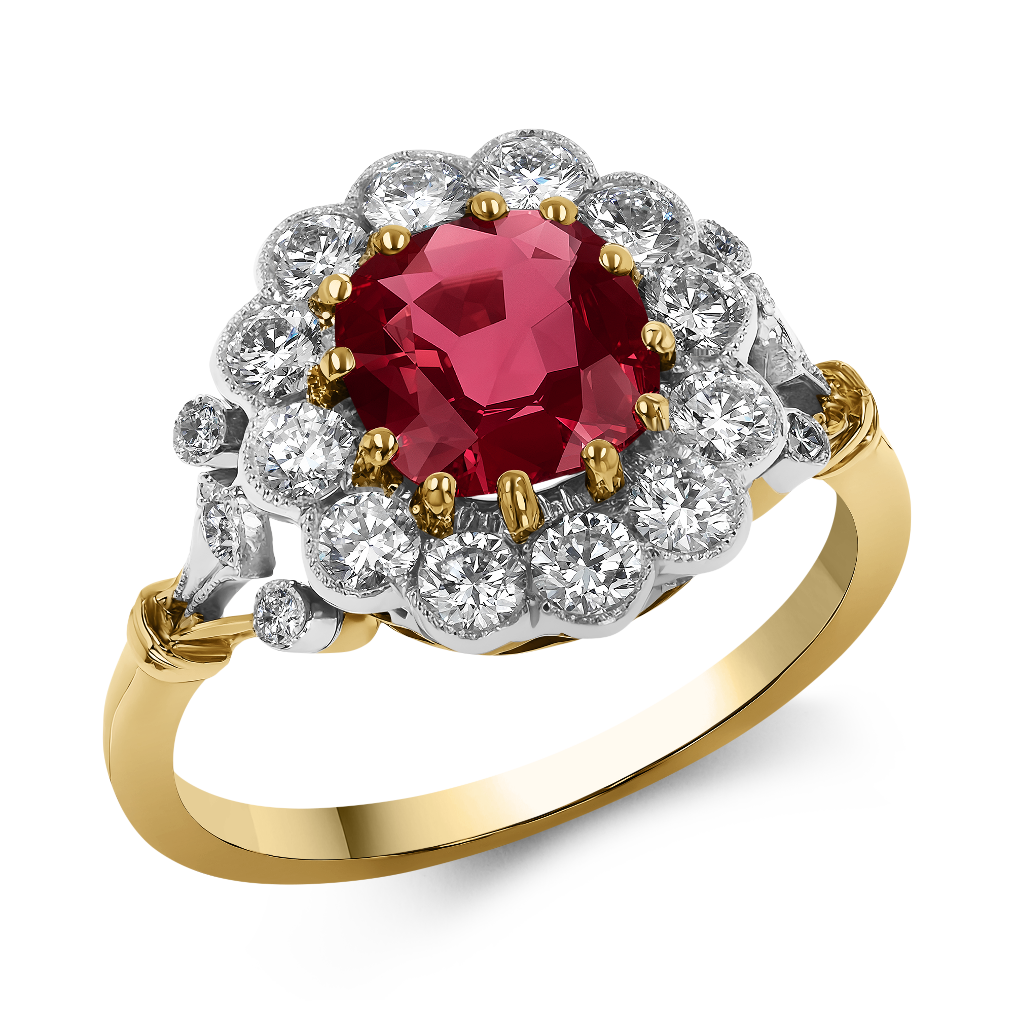 Edwardian Inspired Cushion Cut 1.17ct Ruby and Diamond Cluster Ring Cushion & Brilliant Cut, Claw Set_1