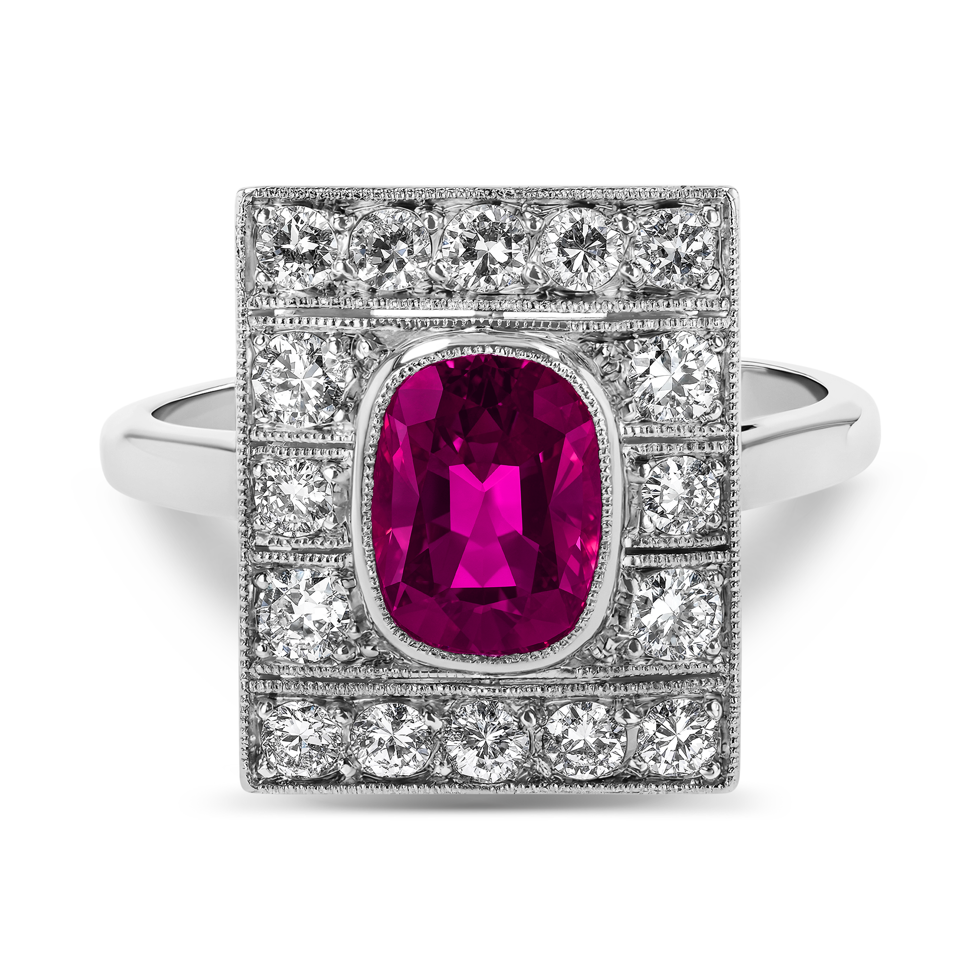 Art Deco 1.30ct Burmese Ruby and Diamond Plaque Ring Cushion Antique Cut, Millegrain_2