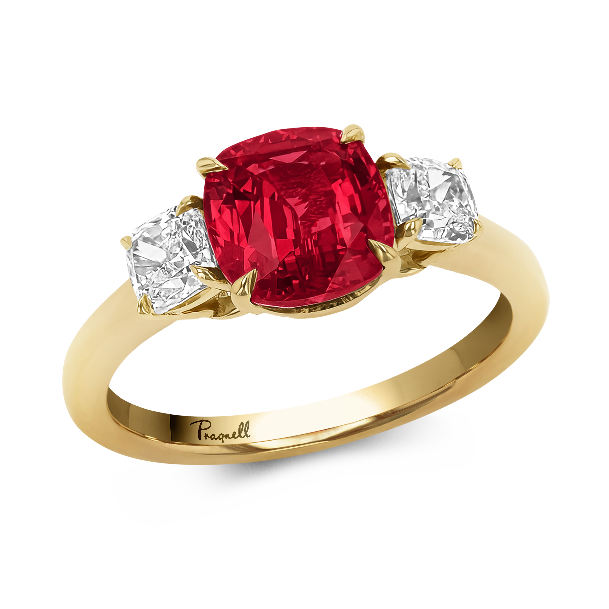 Classic 3.00ct Ruby and Diamond Three Stone Ring Cushion modern cut, Claw set_1