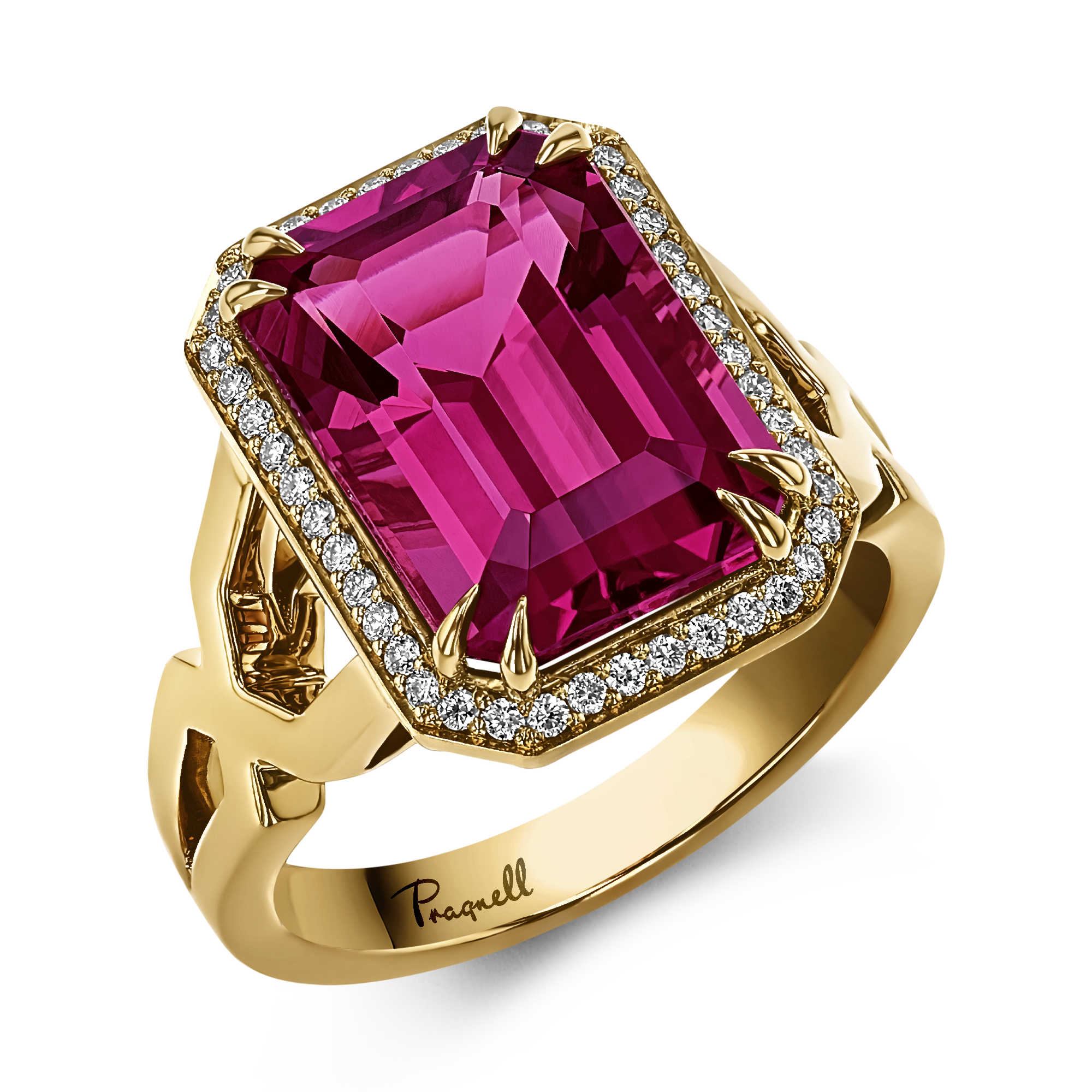 Pink Tourmaline and Diamond Ring Emerald Cut, Four Claw Set_1