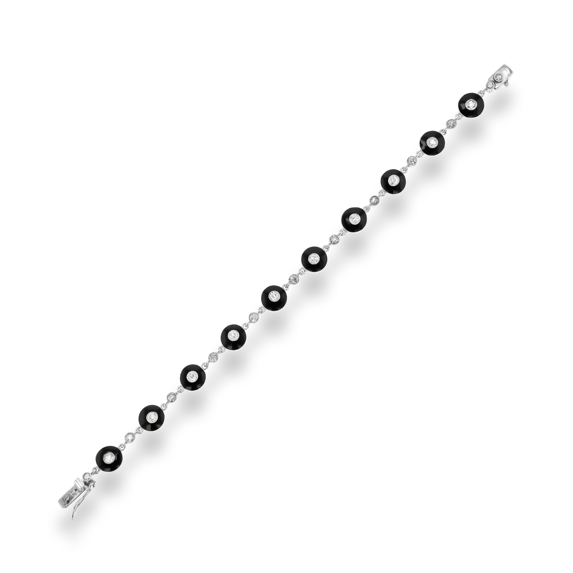 Art Deco 2.10ct Old Cut Diamond and Onyx Link Bracelet Old Cut, Millegrain_1