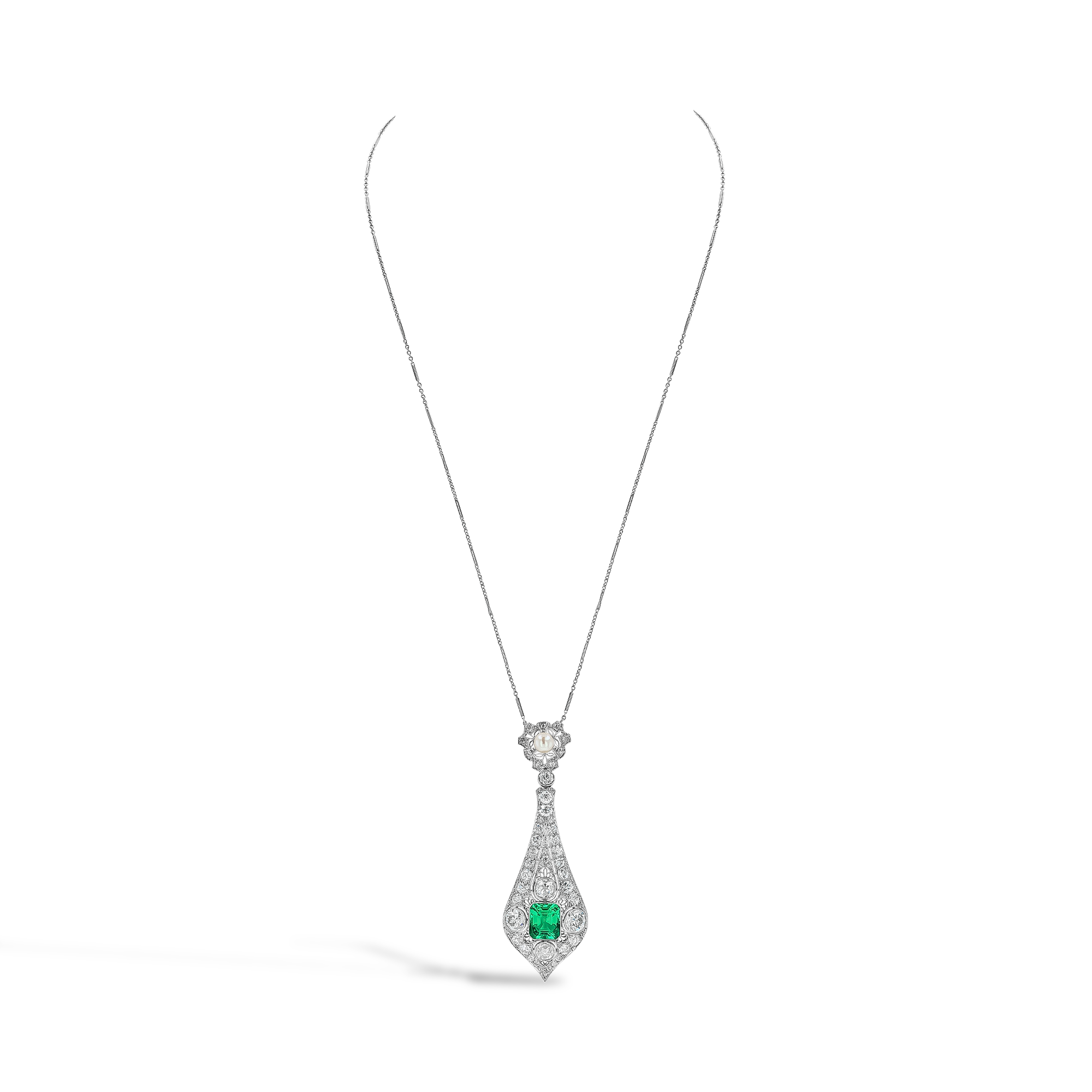 Edwardian 3.75ct Muzo Emerald and Diamond Pendant Emerald Cut, Millegrain Set_2