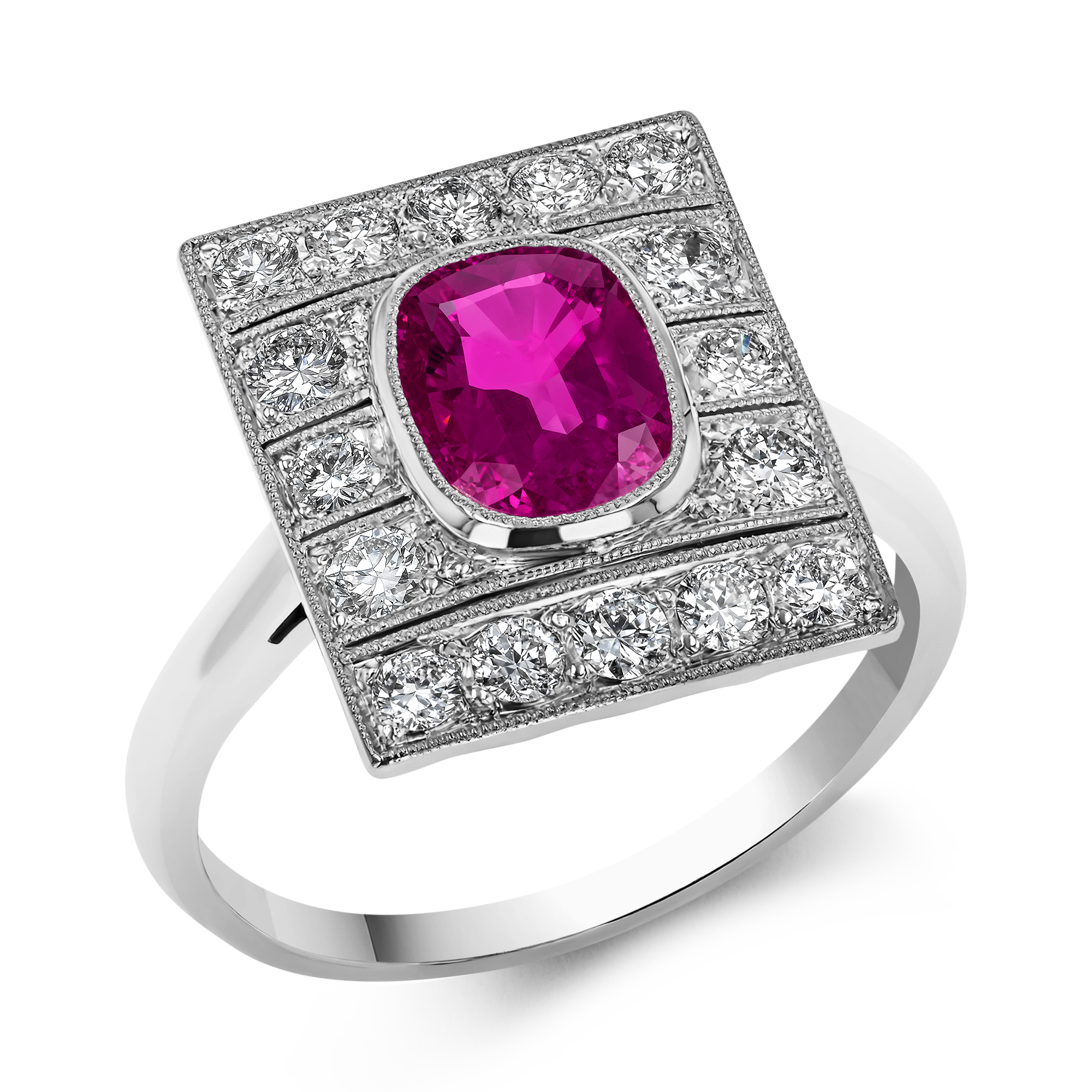 Art Deco 1.30ct Burmese Ruby and Diamond Plaque Ring Cushion Antique Cut, Millegrain_1