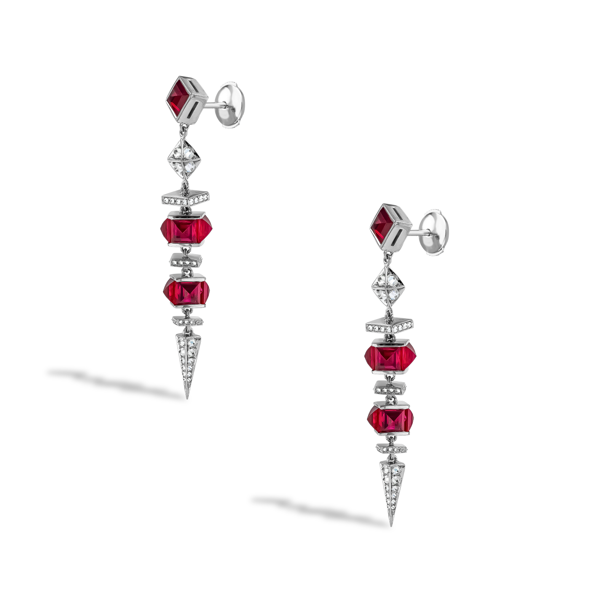 Carré Cut 7.85ct Ruby and Diamond Drop Earrings Carré & Brilliant Cut, Rubover Set_2