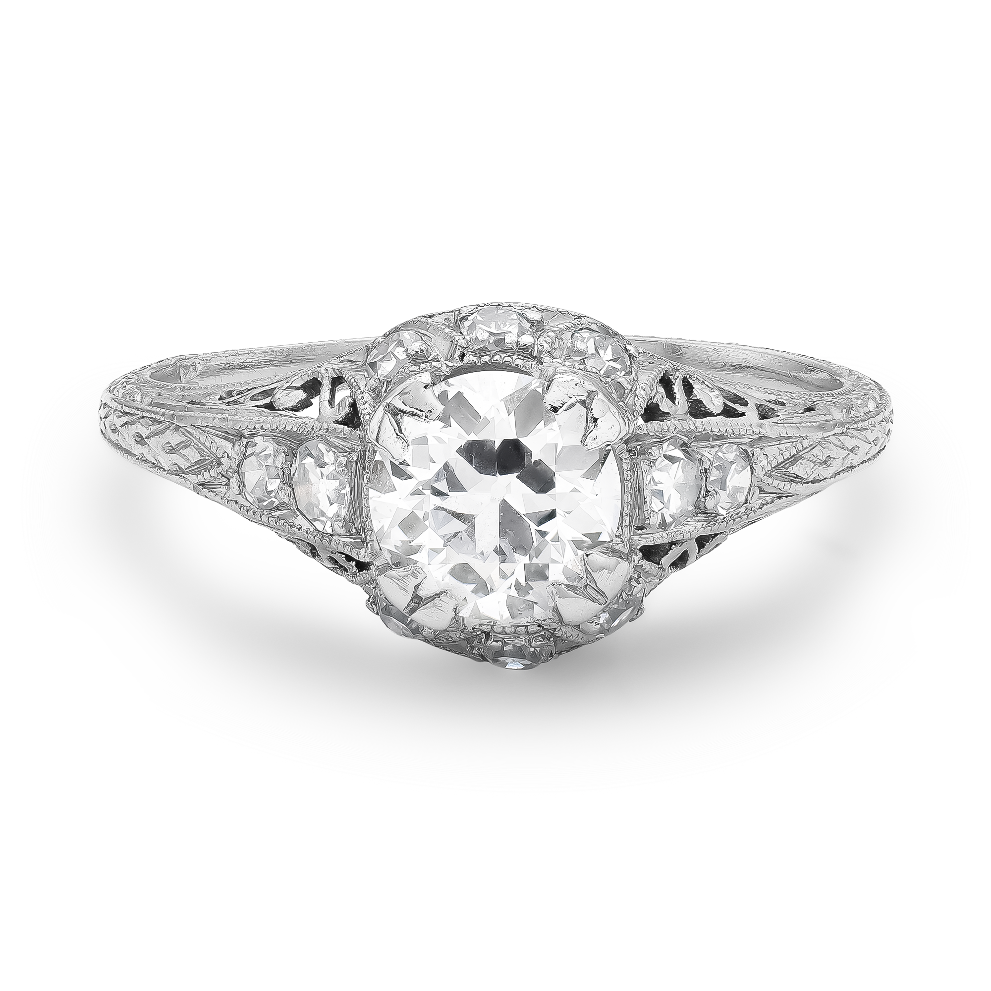 Edwardian 0.64ct Diamond Engraved Edging Ring Old Cut, Claw Set_2