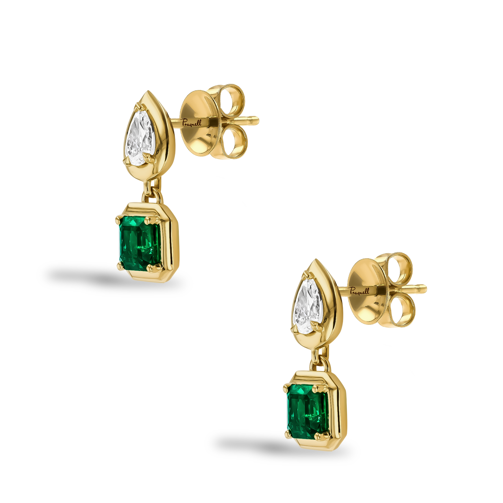 Skimming Stone 1.84ct Emerald and Diamond Drop Earrings Emerald & Pear Cut, Claw Set_2