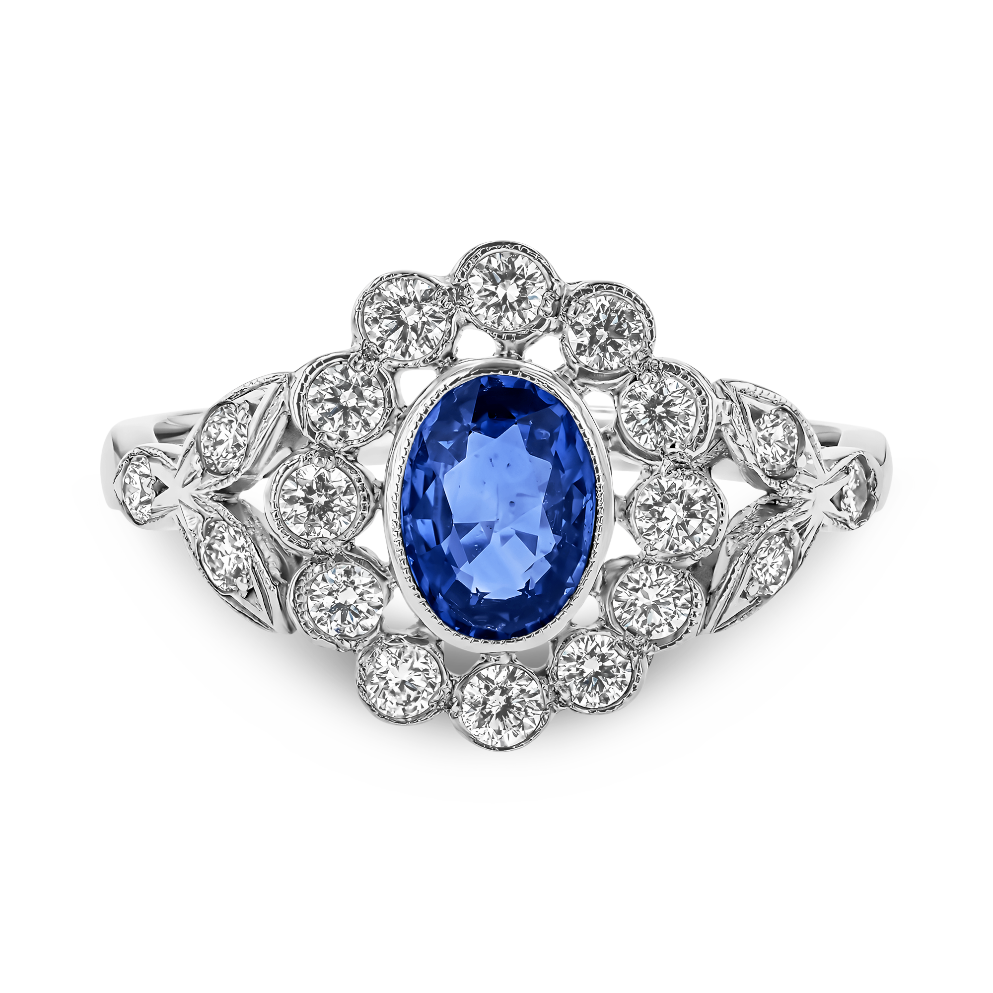 Oval Cut 1.00ct Sapphire and Diamond Cluster Ring Oval Cut, Millegrain Set_2