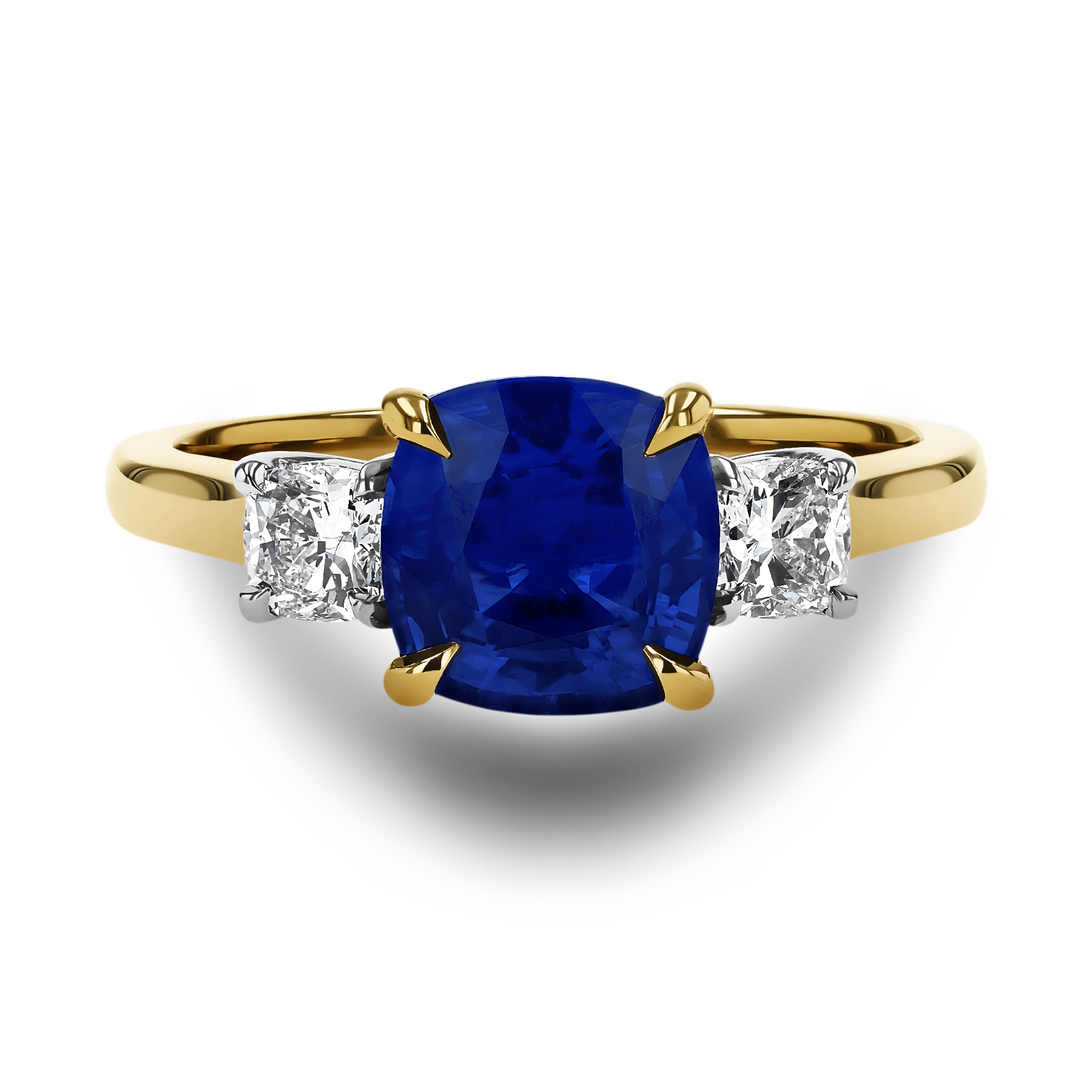 Classic 2.56ct Sapphire and Diamond Three Stone Ring Cushion Cut, Claw Set_2