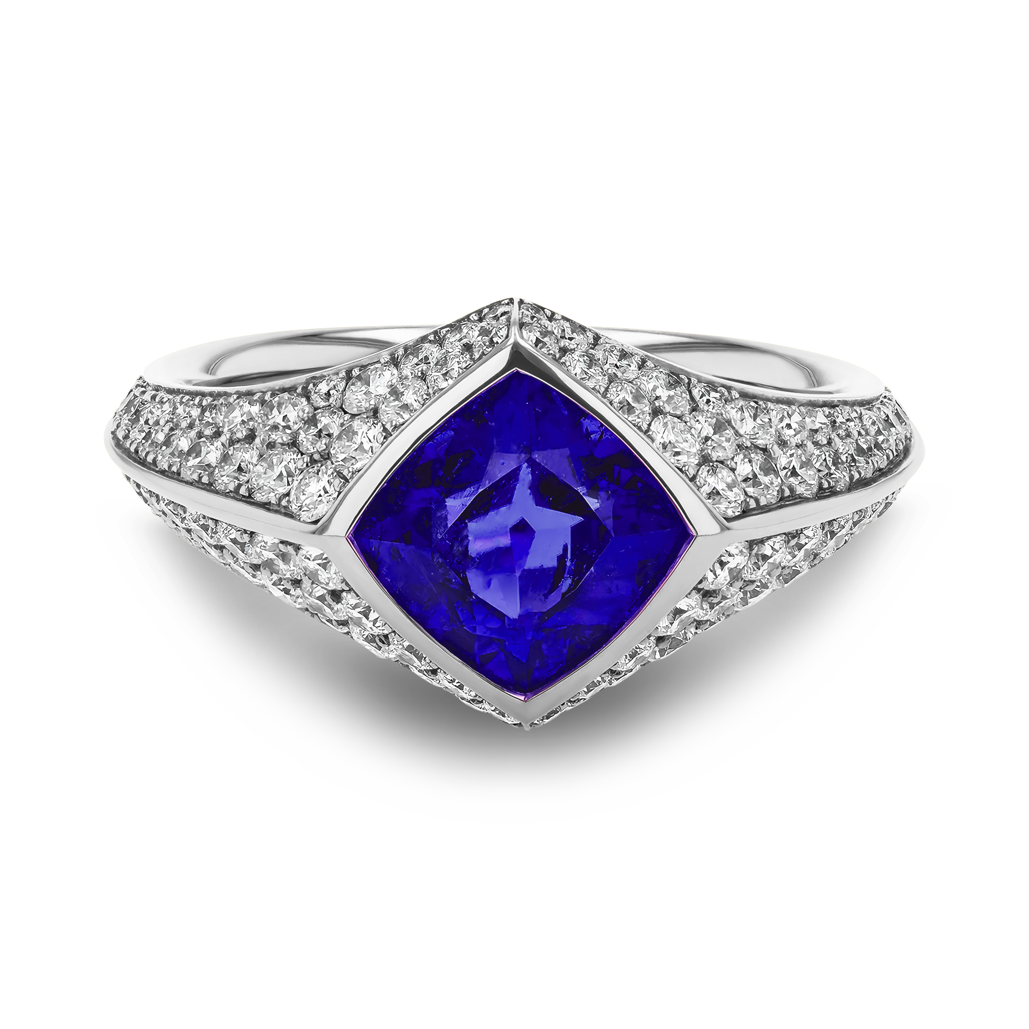 Square Cut 1.18ct Tanzanite and Diamond Ring in 18ct White Gold Square Cut, Rubover Set_2