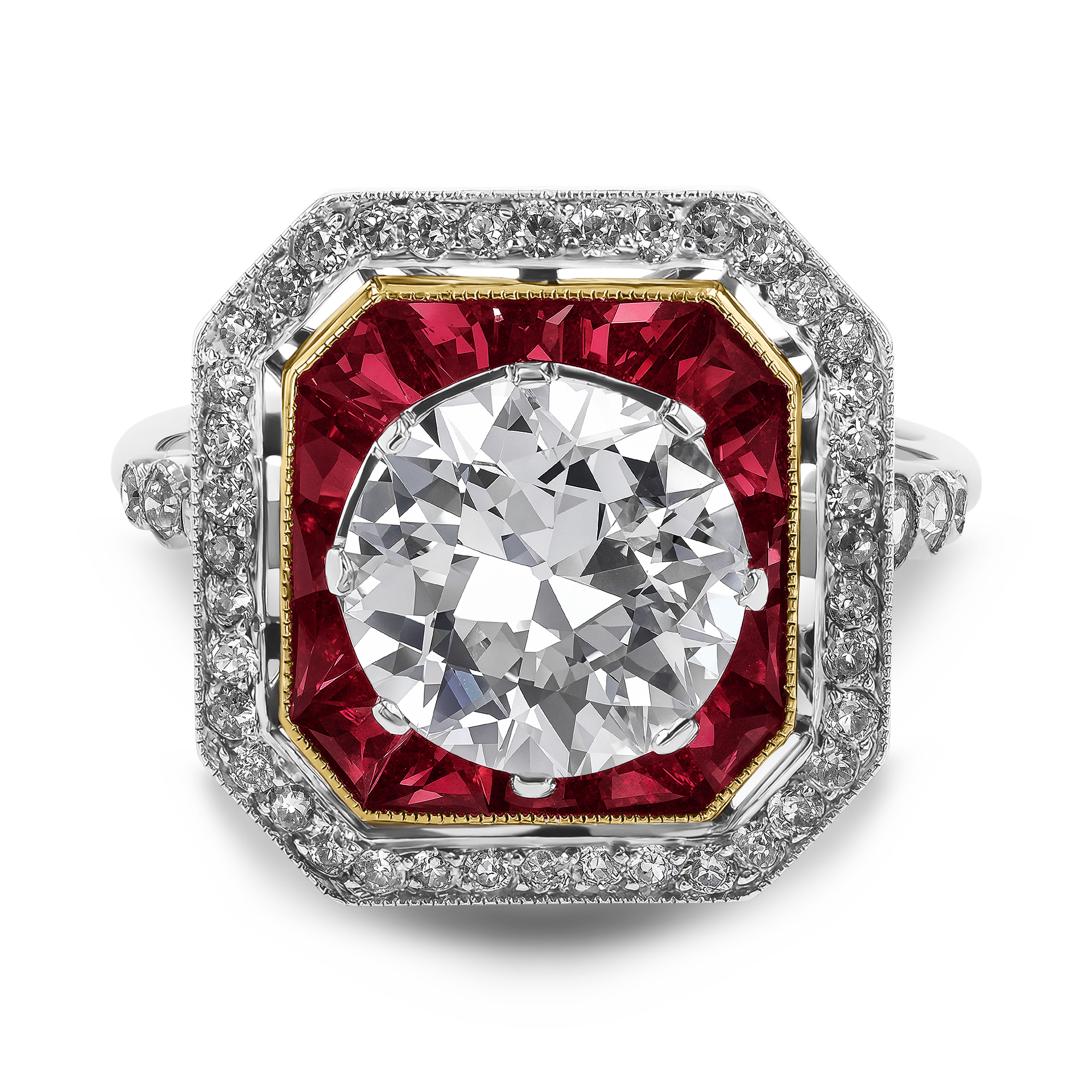 Belle Epoque 2.40ct Diamond and Ruby Octagonal Halo Ring Old European & Calibre Cut, Claw Set_2