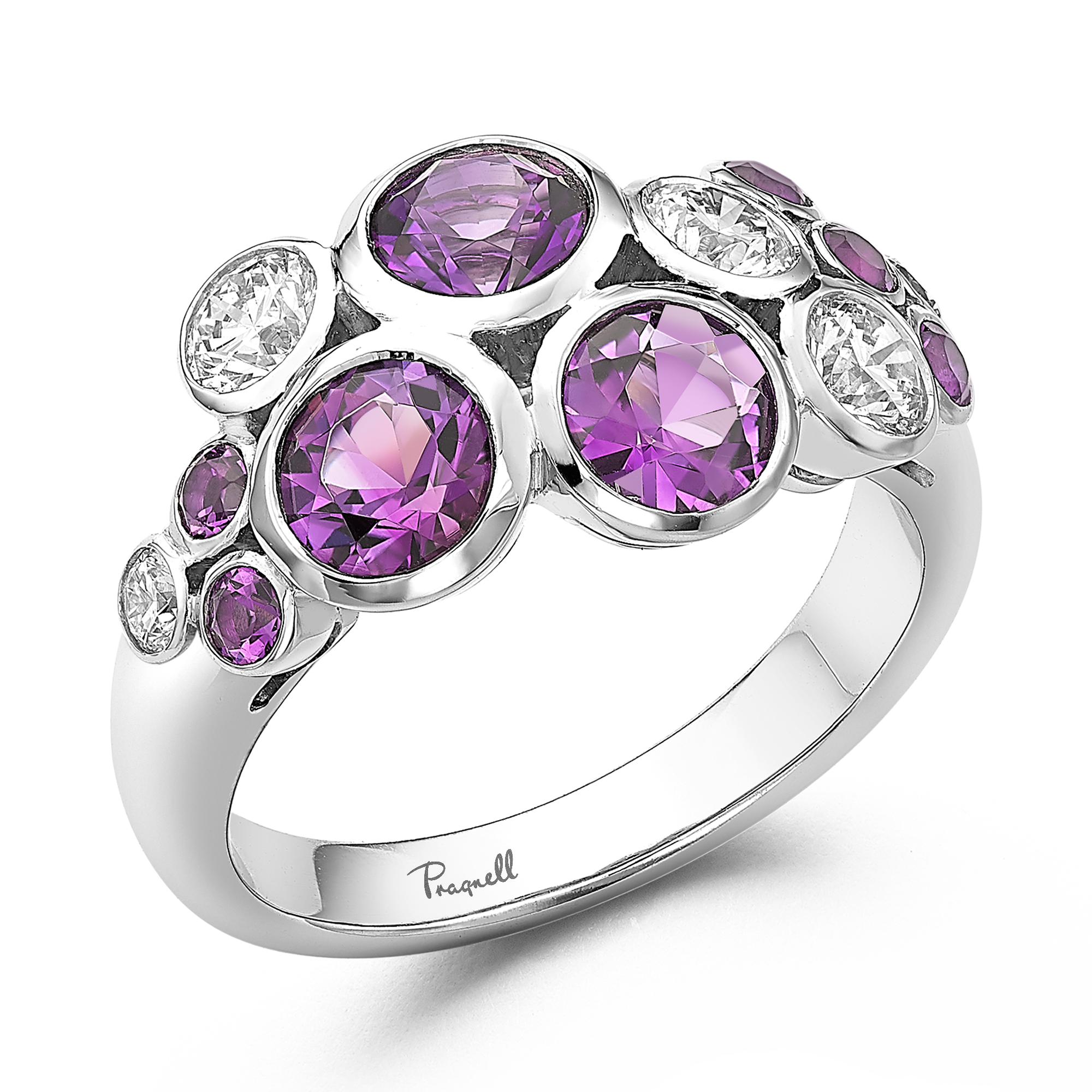 Bubbles Amethyst and Diamond Cocktail Ring Brilliant Cut, Rubover Set_1