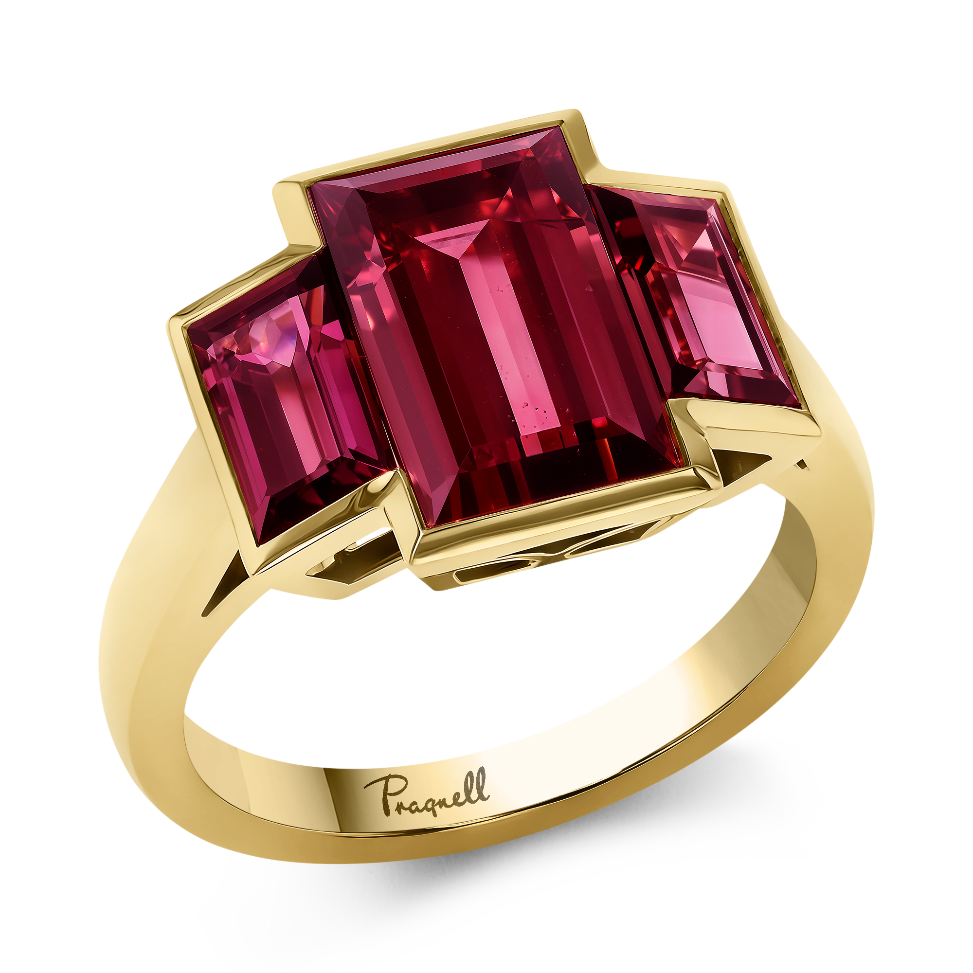 Kingdom 5.95ct Rhodolite Garnet Three Stone Ring Baguette Cut, Rubover Set_1