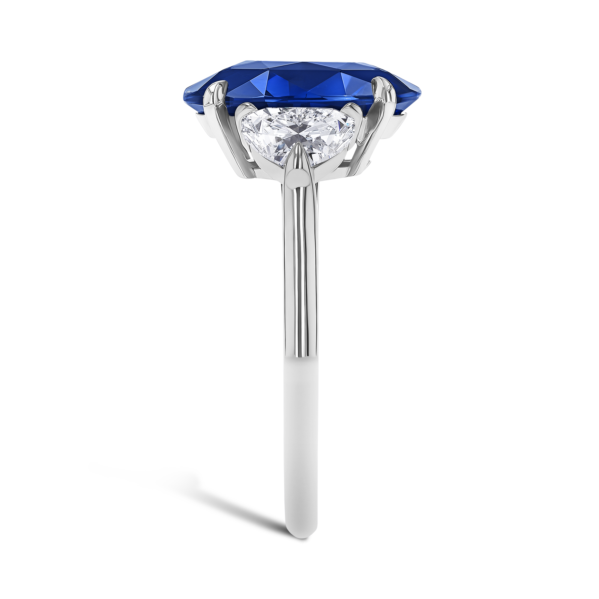 Venus Setting 4.66ct Sri Lankan Sapphire and Diamond Three Stone Ring Oval & Heart Cut, Claw Set_4