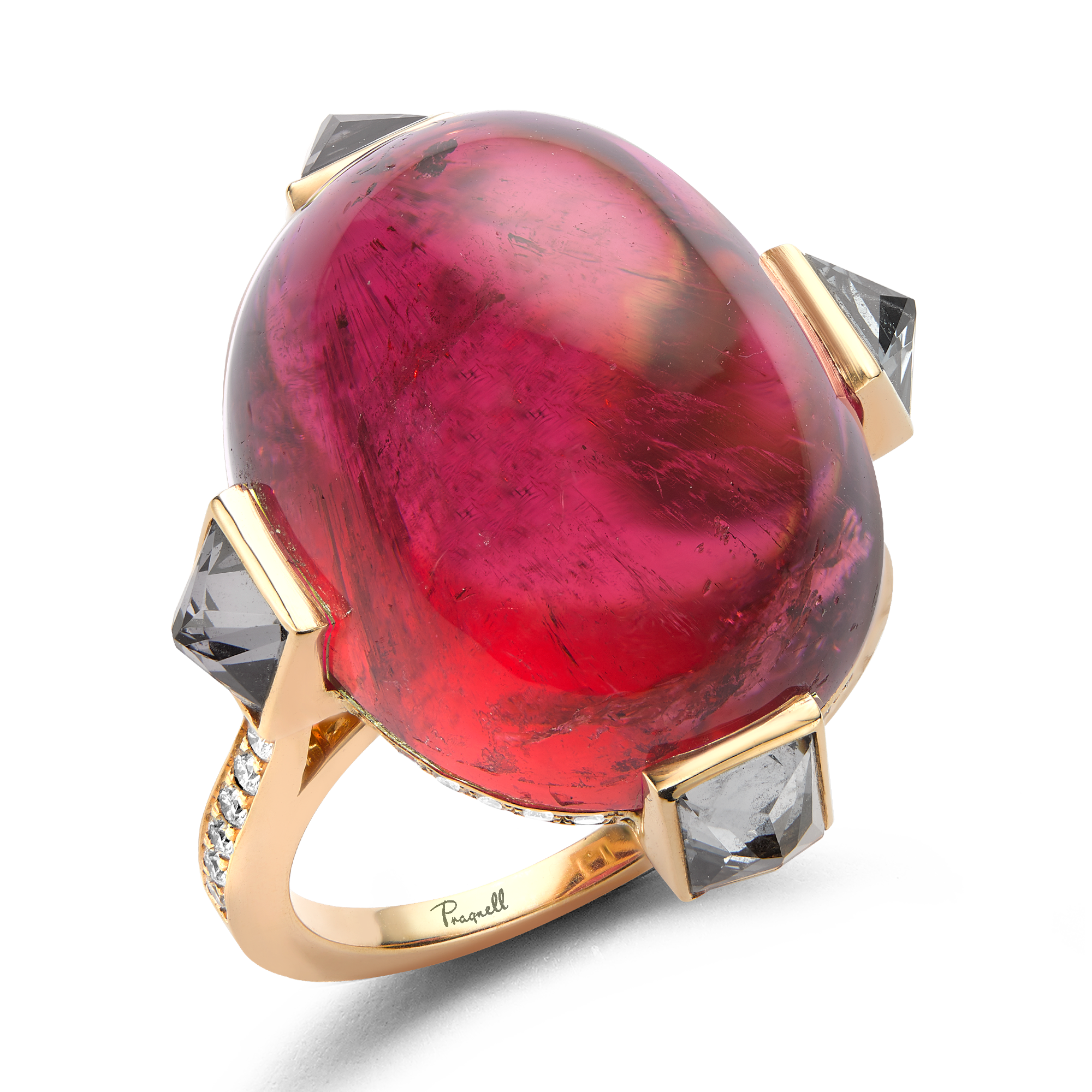 Cabochon Pink Tourmaline Ring Cluster Ring with Square Cut Spinels_1