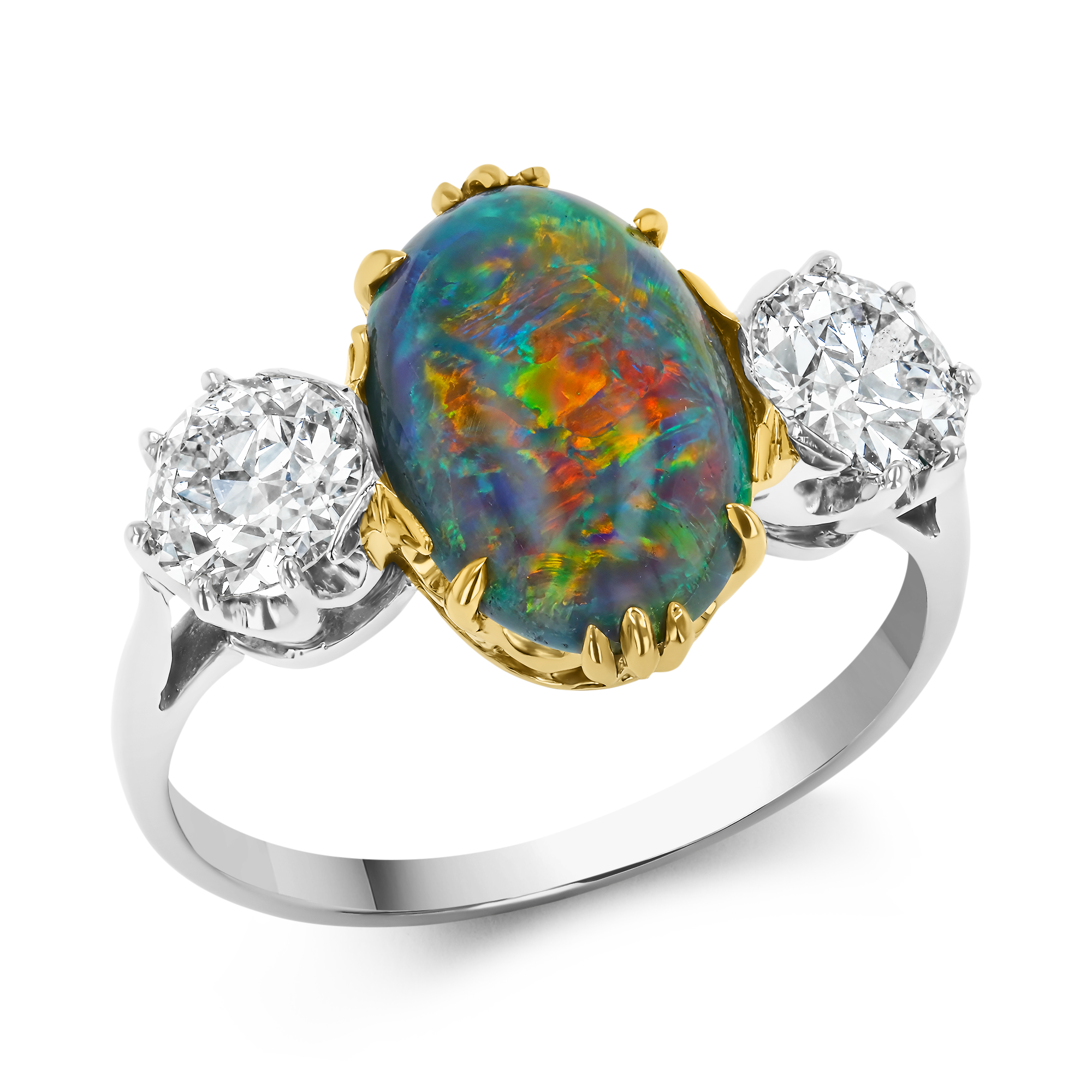 Edwardian Black Opal and Diamond 3 Stone Ring Oval Cut, Claw Set_1