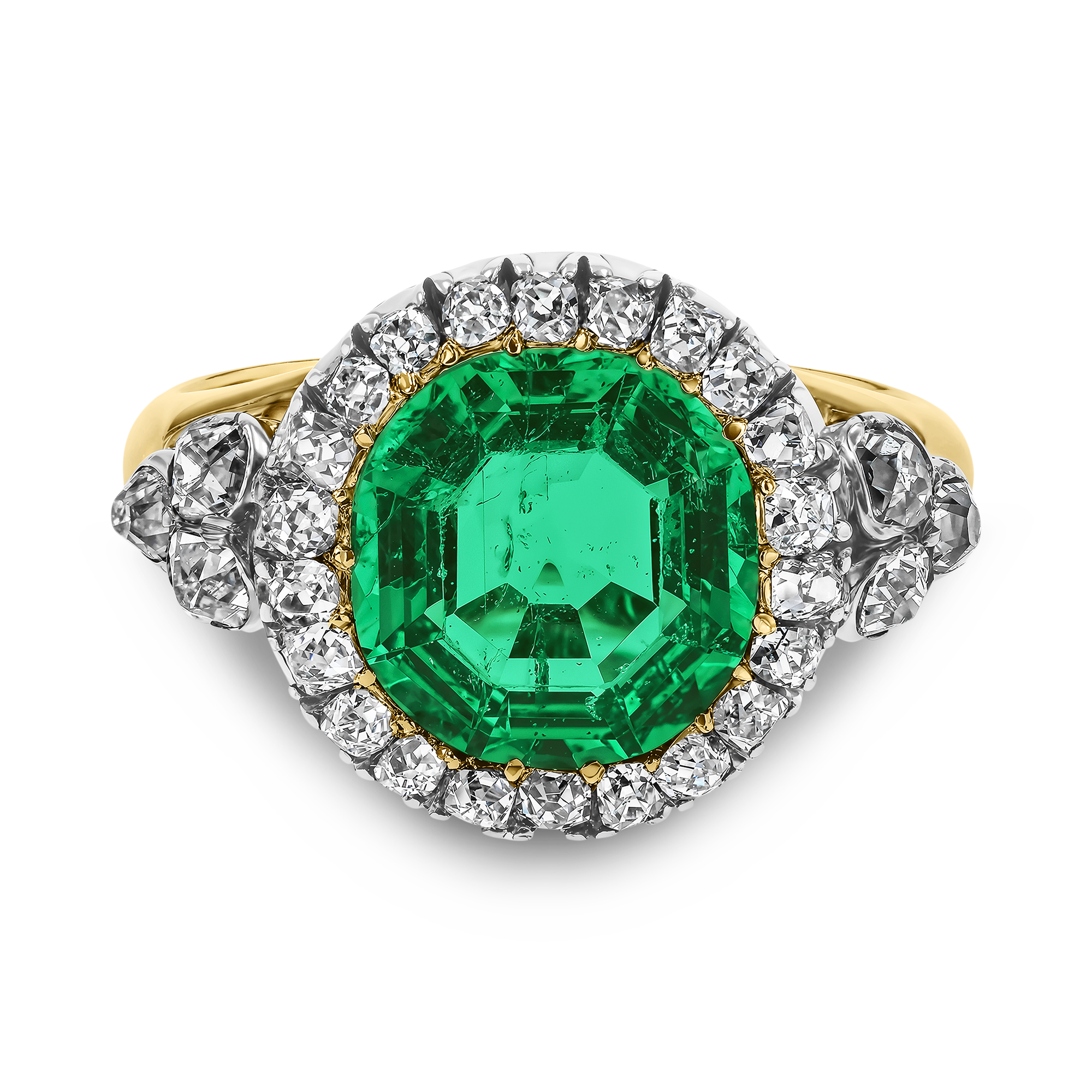 Victorian 2.50ct Colombian Emerald and Diamond Cluster Ring Octagonal Cut, Claw Set_2