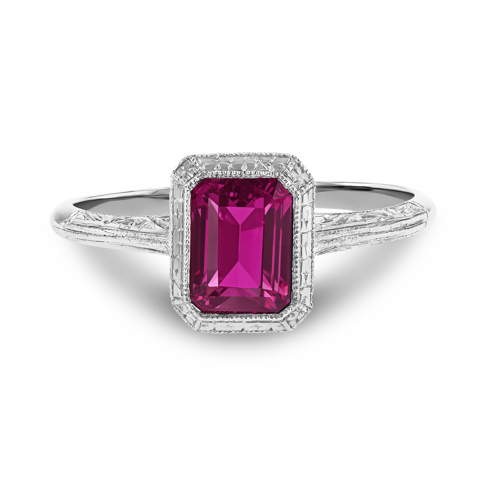 Edwardian 1.41ct Burmese Ruby Solitaire Ring Emerald Cut, Millegrain Set_2